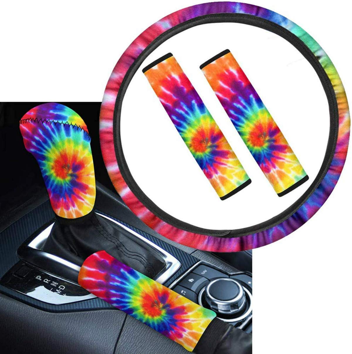 Colorful Tie Dye Car Steering Wheel Cover Set - 15 Inch Universal Anti-Slip Steering Wheel Cover + Gear Shift Knob Cover + Seat Belt Pads + Handbrake Cover - Breathable, Washable & Sweat-Absorbent for Comfortable Driving (Boho Style Car Accessories)