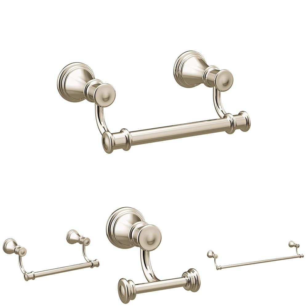 Moen Belfield 36-Inch Double Robe Hook & 24-Inch Towel Bar Set with 9-Inch Hand Towel Bar & Pivoting Toilet Paper Holder in Polished Nickel - Perfect for Bathroom Organization & Luxury Spa Experience