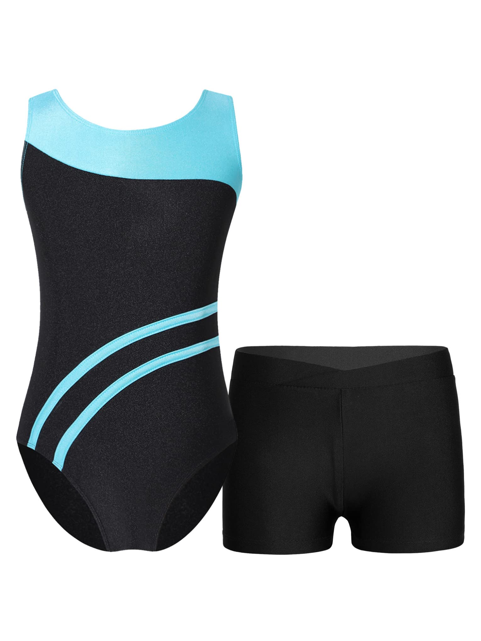Hansber Girls' Sleeveless Leotard & Shorts Set - 2 Piece Gymnastics Dance Outfit for Ballet, Cheerleading & Performance | Comfortable Biketard for Kids' Dance Classes & Recitals