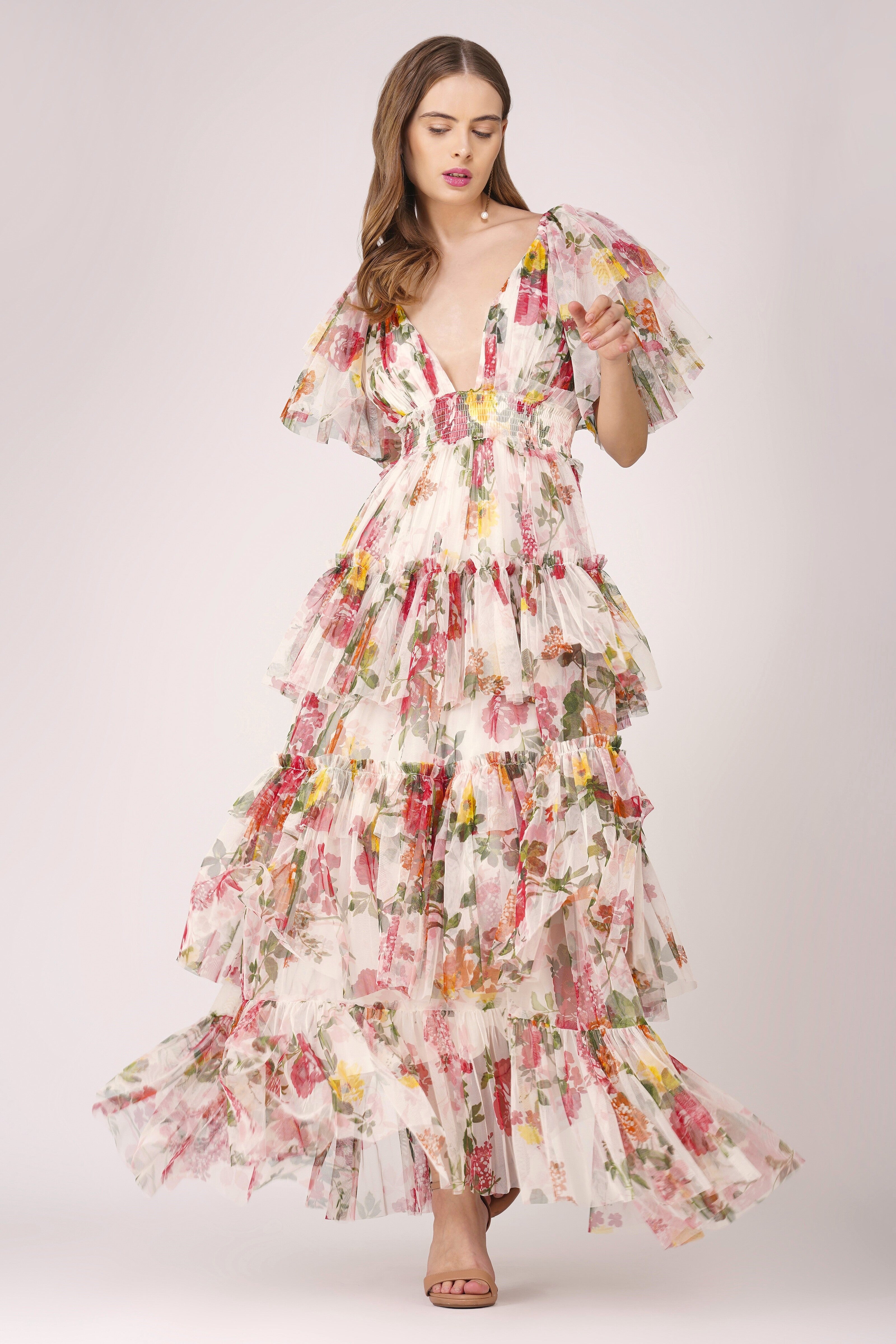 Floral Print Jasmine Maxi Dress for Women - Elegant Summer Beach Dress, Boho Chic Wedding Guest Outfit & Vacation Wear