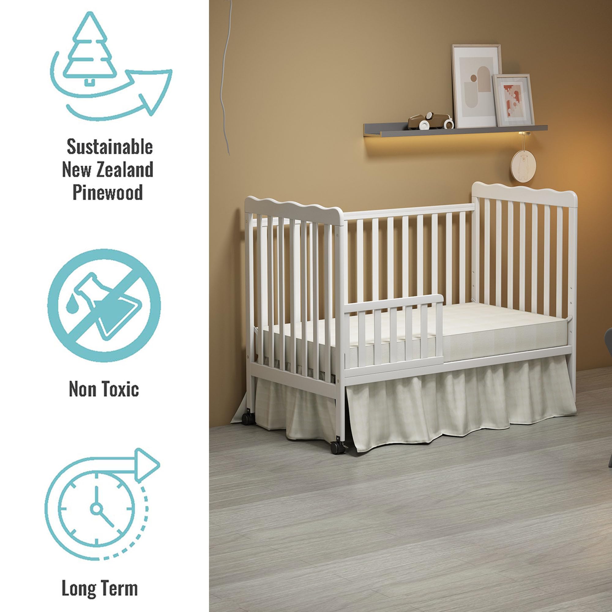 **3-in-1 Convertible Full Size Baby Crib with Locking Wheels & Adjustable Mattress Height – White | Safe & Portable Nursery Crib for Infants & Toddlers | Perfect for Home, Daycare & Travel**