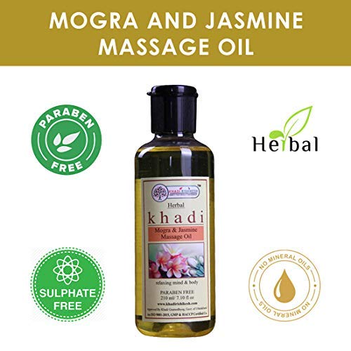 KHADI RISHIKESH Ayurvedic Body Massage Oil with Mogra Jasmine - Full Body Relaxation, Stress Relief & Skin Glow | Infused with Olive Oil, Sesame Oil & Almond Oil | Paraben-Free, Unisex 210ml | Perfect for Spa Days, Yoga Sessions & Self-Care Routines