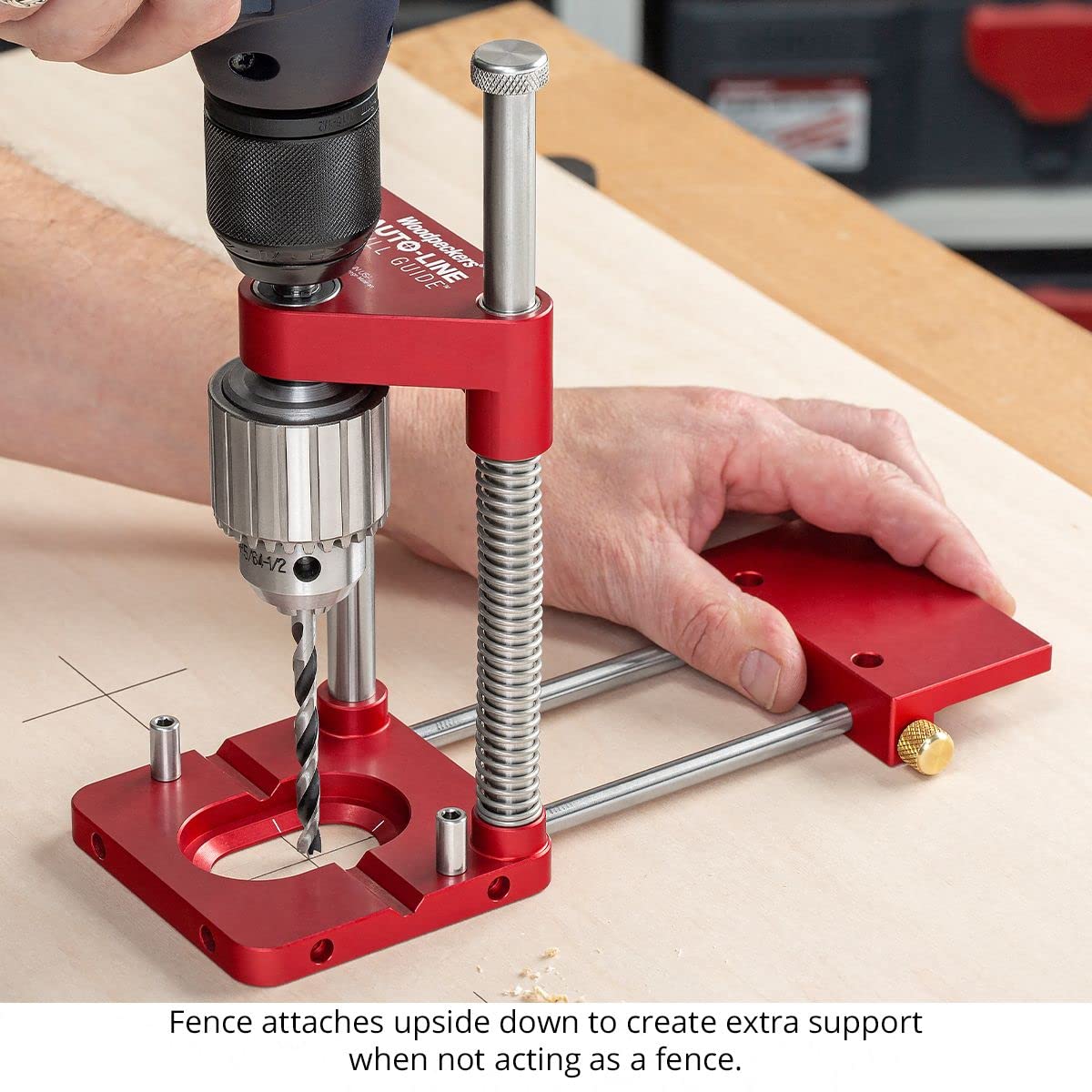 Woodpeckers Auto Line Drill Guide Deluxe Kit - Portable Precision Drilling Tool with Guide, 6 Extension Rods, 2 Flip Stops & Wrench - Perfect for Woodworking, Metalworking & DIY Home Projects