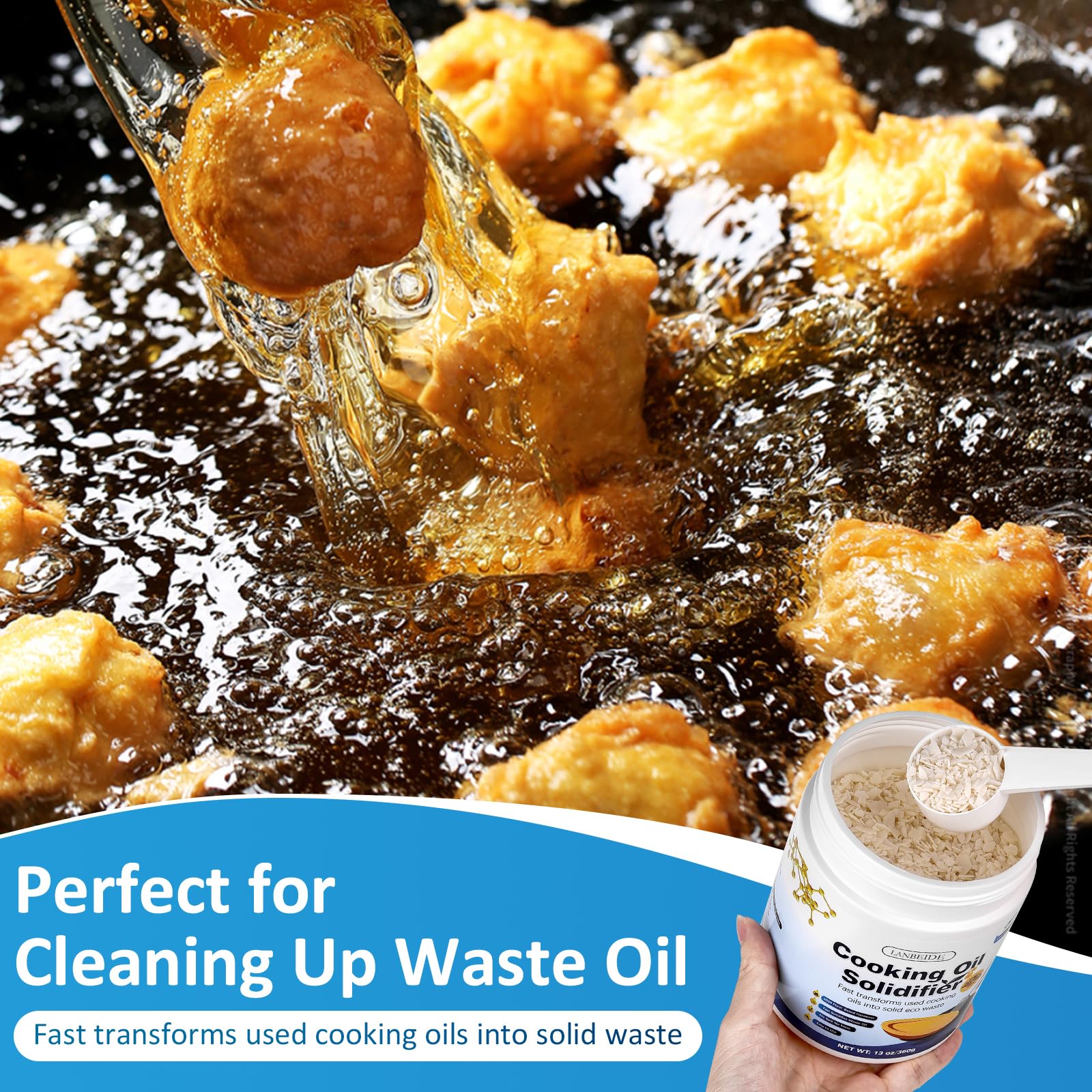 LANBEIDE Plant-Based Cooking Oil Solidifier Powder - Solidifies Up to 36 Cups (13 Oz) | 100% Natural Oil Hardener for Easy Kitchen Waste Disposal | Perfect for Deep Fryers, Pans & Grease Traps