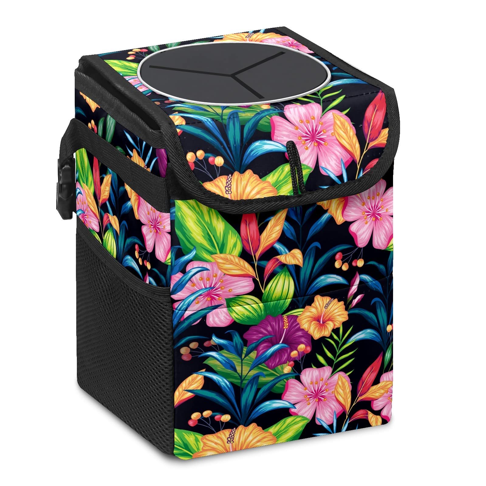 Waterproof Car Trash Can with Lid & Storage Pockets - No Installation Required, Spacious Interior Organizer for Cars, SUVs & Vehicles (Floral Design) - Perfect for Road Trips, Commuting & Keeping Your Car Clean