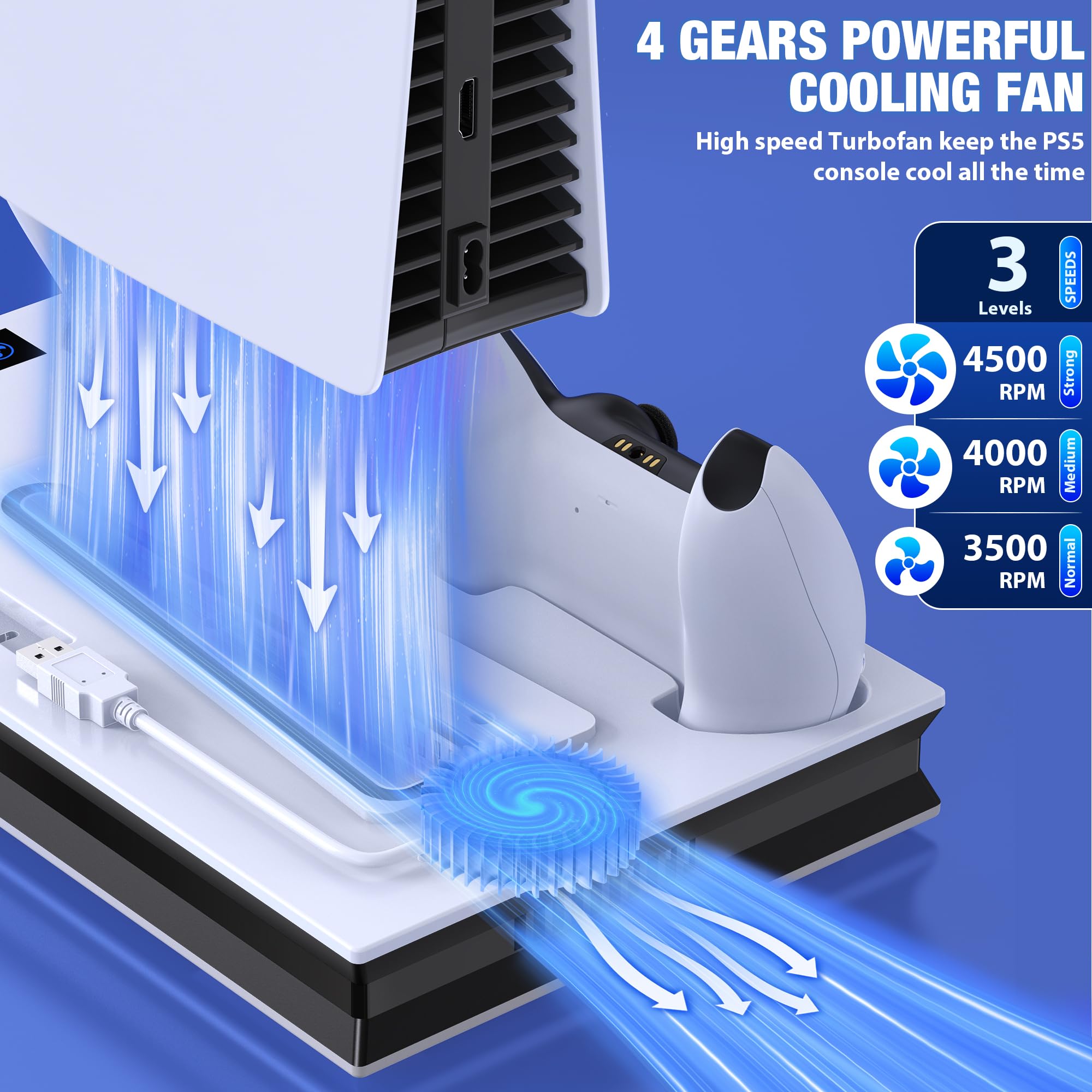 PS5 Slim Stand & Cooling Station with Dual Controller Charger - Vertical Stand for PlayStation 5 Slim Digital/Disc Edition - Includes Headset Holder, 3 USB Hub & Cable Management - Perfect for Gaming Setup & Console Protection