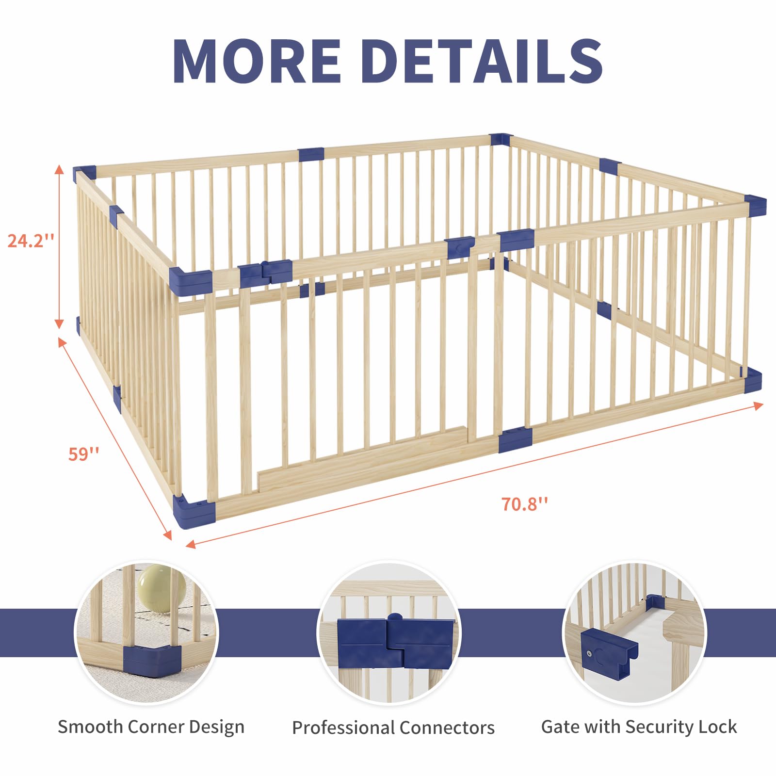 Extra Large Wooden Baby Playpen with Safety Gate - 78.7