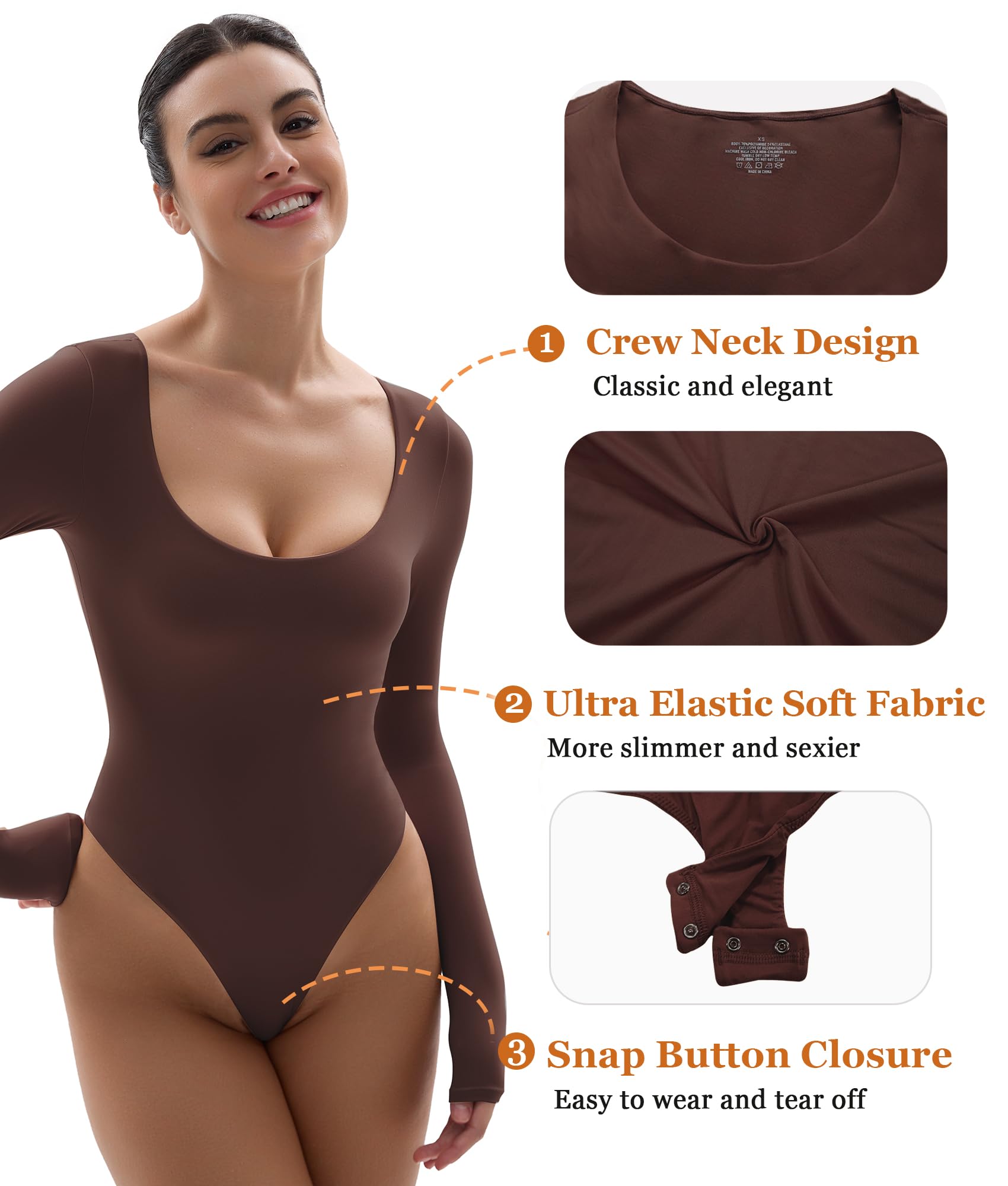 YIANNA Women's Long Sleeve Bodysuit - Sexy Double Layer Thong Bodysuit Tops for Date Night & Club Wear | Body-Hugging Stretch Fabric for Perfect Fit