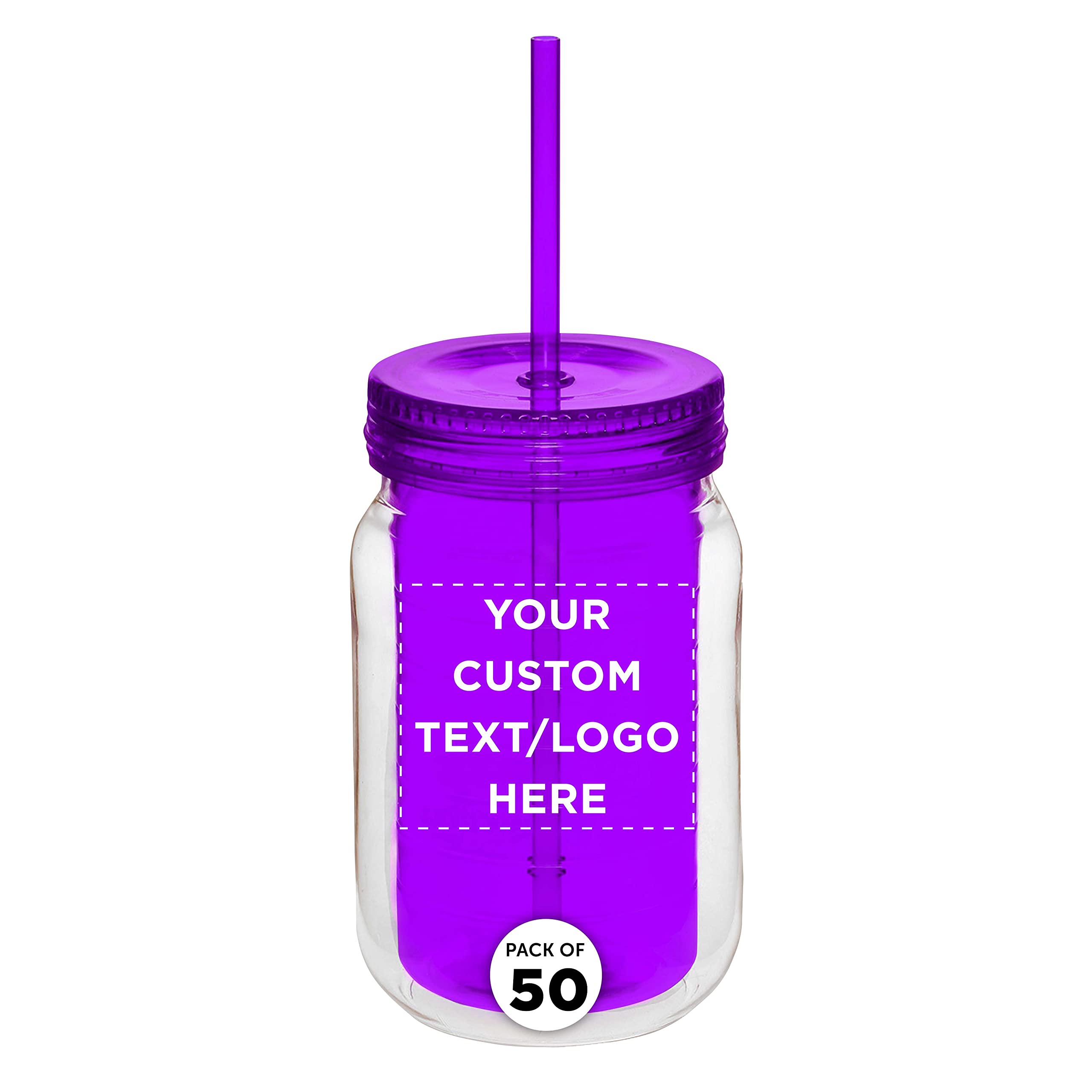 50 Pack 18oz Custom Purple Acrylic Tumblers with Straws - Personalized Bulk Drinkware for Smoothies, Iced Coffee & Soda - Great for Parties, Restaurants & Promotional Events
