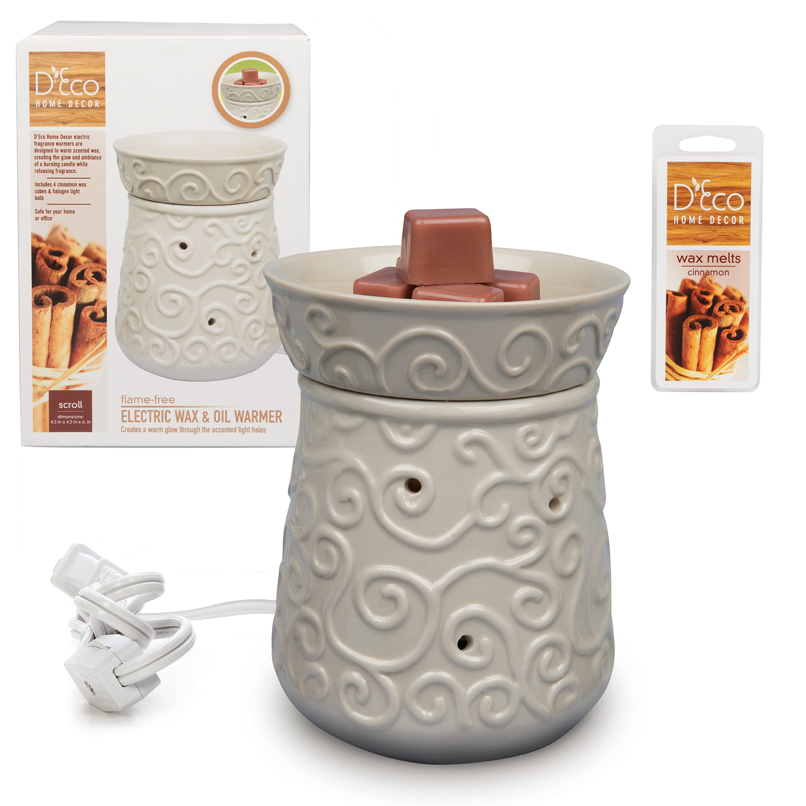 D'Eco Electric Wax Melt Warmer - Plug-in Scented Tart & Candle Warmer with 4 Cinnamon Wax Cubes, Halogen Bulb for Home Fragrance - Perfect for Living Room, Bedroom, Office & Spa - Ideal Housewarming, Wedding Gift & Aromatherapy Relaxation