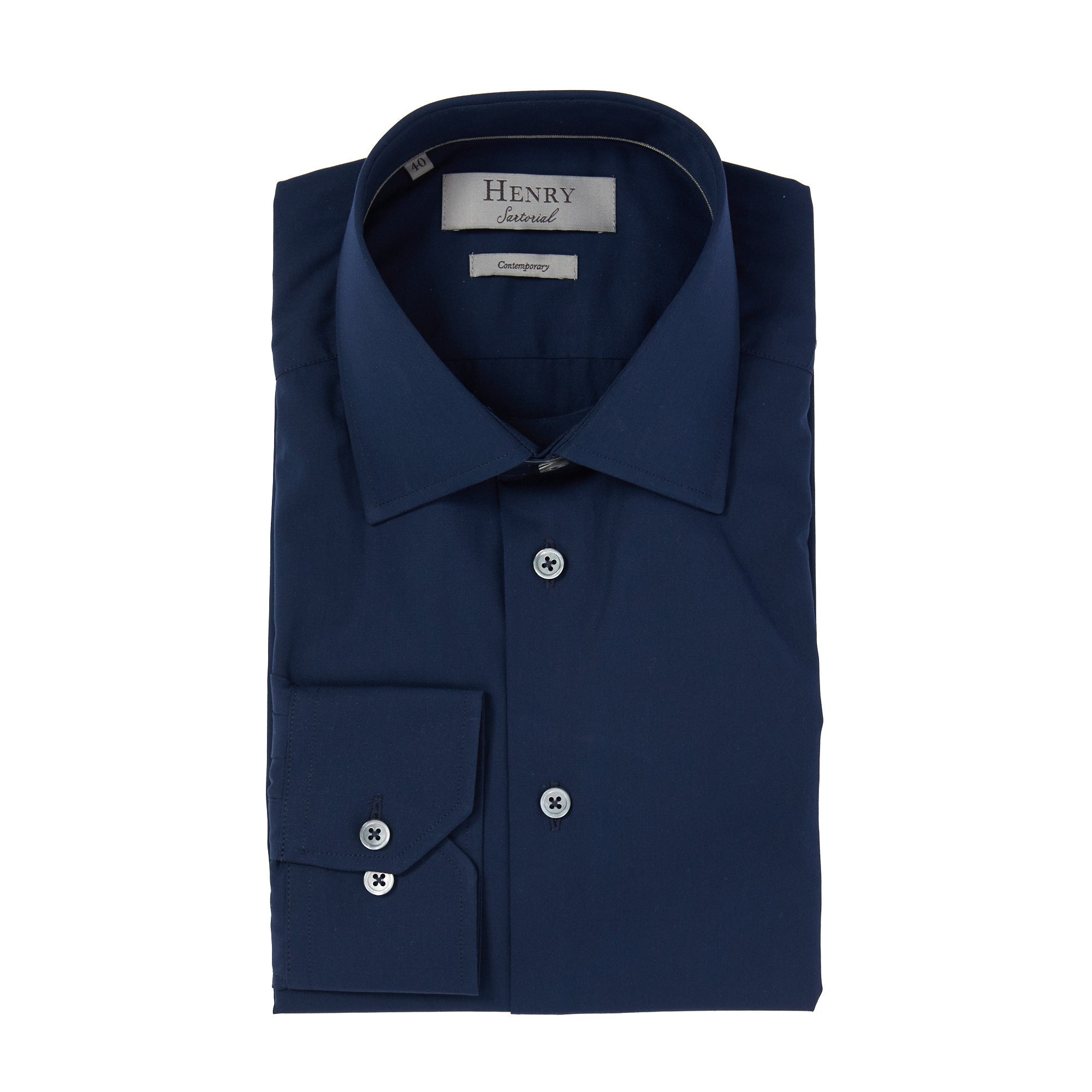 HENRY SARTORIAL Men's Classic Plain Cotton Dress Shirt in Navy Blue - Slim Fit Business Casual Shirt for Office, Wedding & Formal Occasions