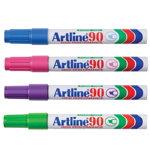 Artline 90 Bright Colors Permanent Markers - Chisel Tip, 12-Pack - Ideal for Office, School, Art Projects & DIY Crafts