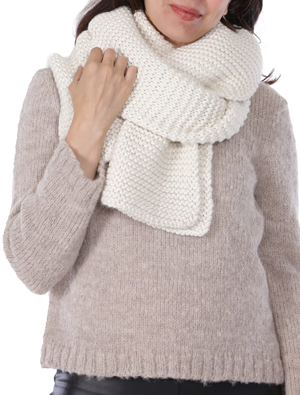 Olsen Hand Knit Extra-Long Scarf Ivory 100% Baby Alpaca Wool - Soft Winter Accessory for Women, Perfect for Cold Weather & Fashion Outfits