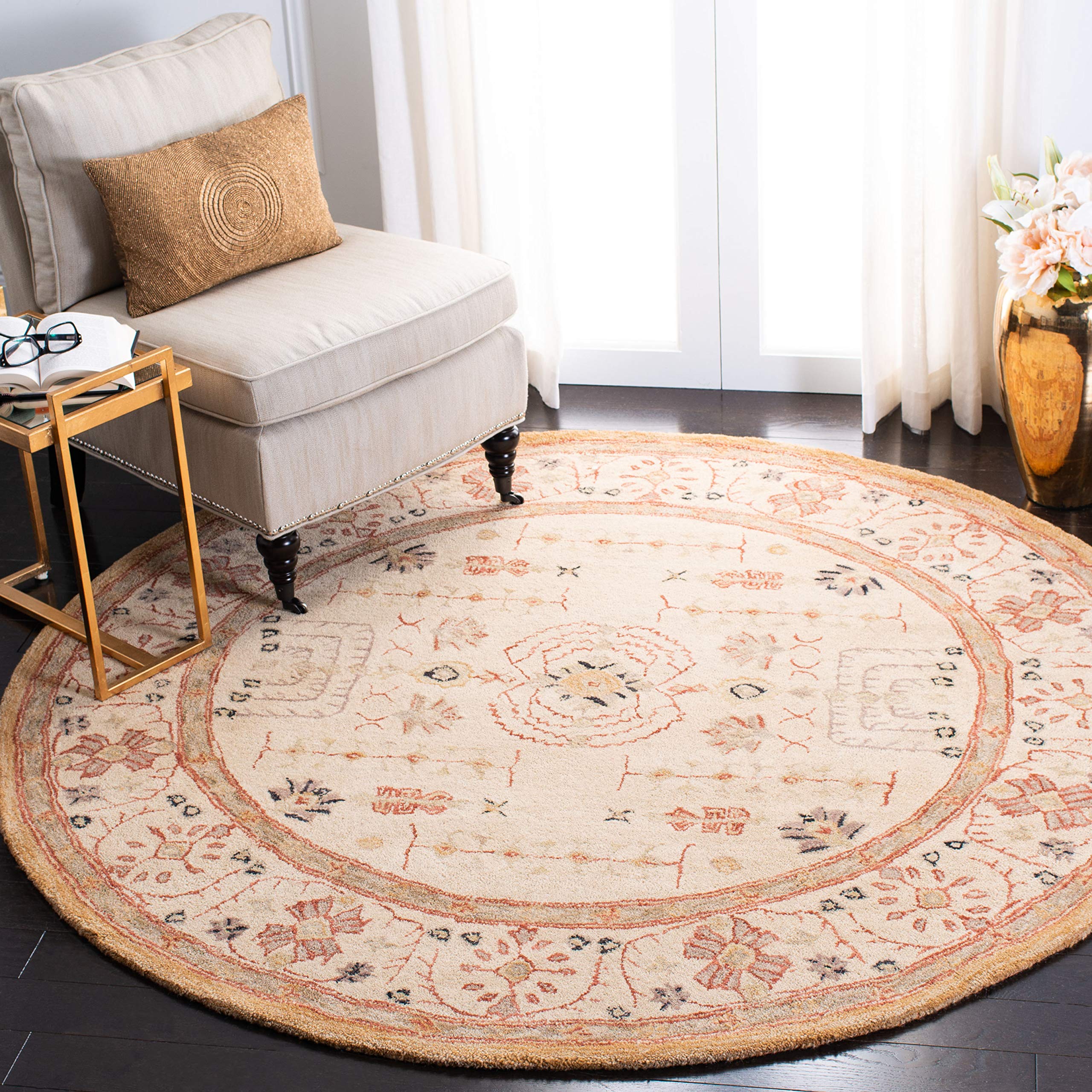 SAFAVIEH Anatolia Collection 4' Round Sand Wool Area Rug - Handmade Traditional Oriental Premium Rug for Living Room, Bedroom & Home Decor