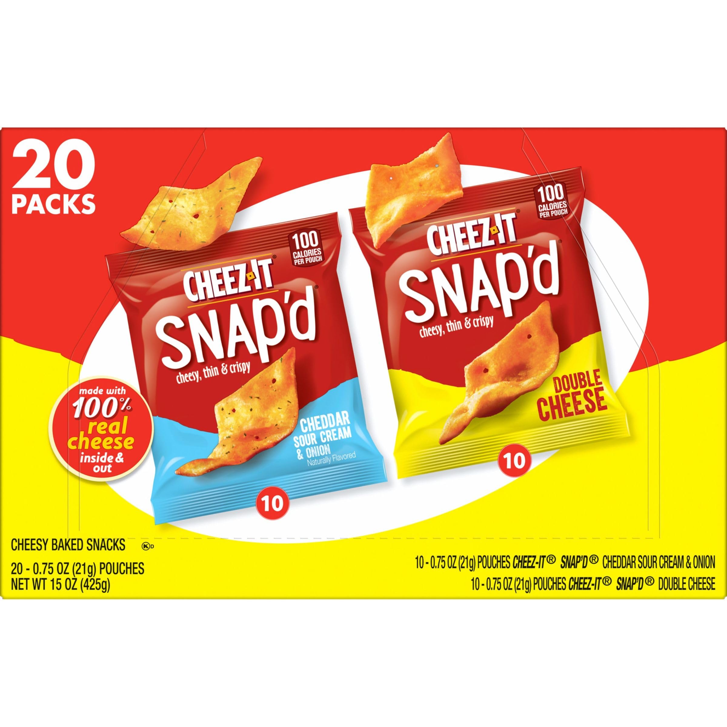 Cheez-It Snap'd Thin & Crispy Cheese Cracker Chips - Variety Pack (15oz Box, 20 Packs) - Perfect for Lunch Snacks, Office Break, School Lunch & Party Platters