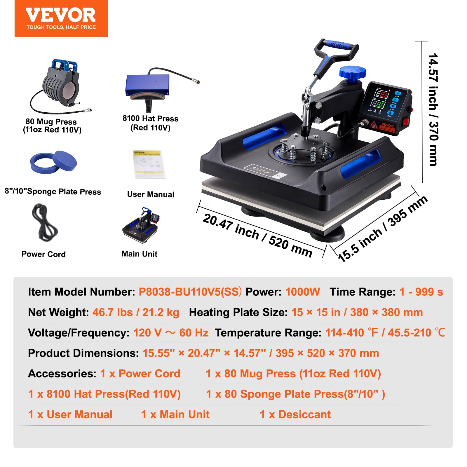 VEVOR 5-in-1 Digital Heat Press Machine 15x15 Inch with 360° Swing-Away Rotation - Multi-Function for T-Shirts, Tumblers, Mugs, Hats & Plates - Perfect for DIY Crafts, Custom Apparel & Small Business Printing