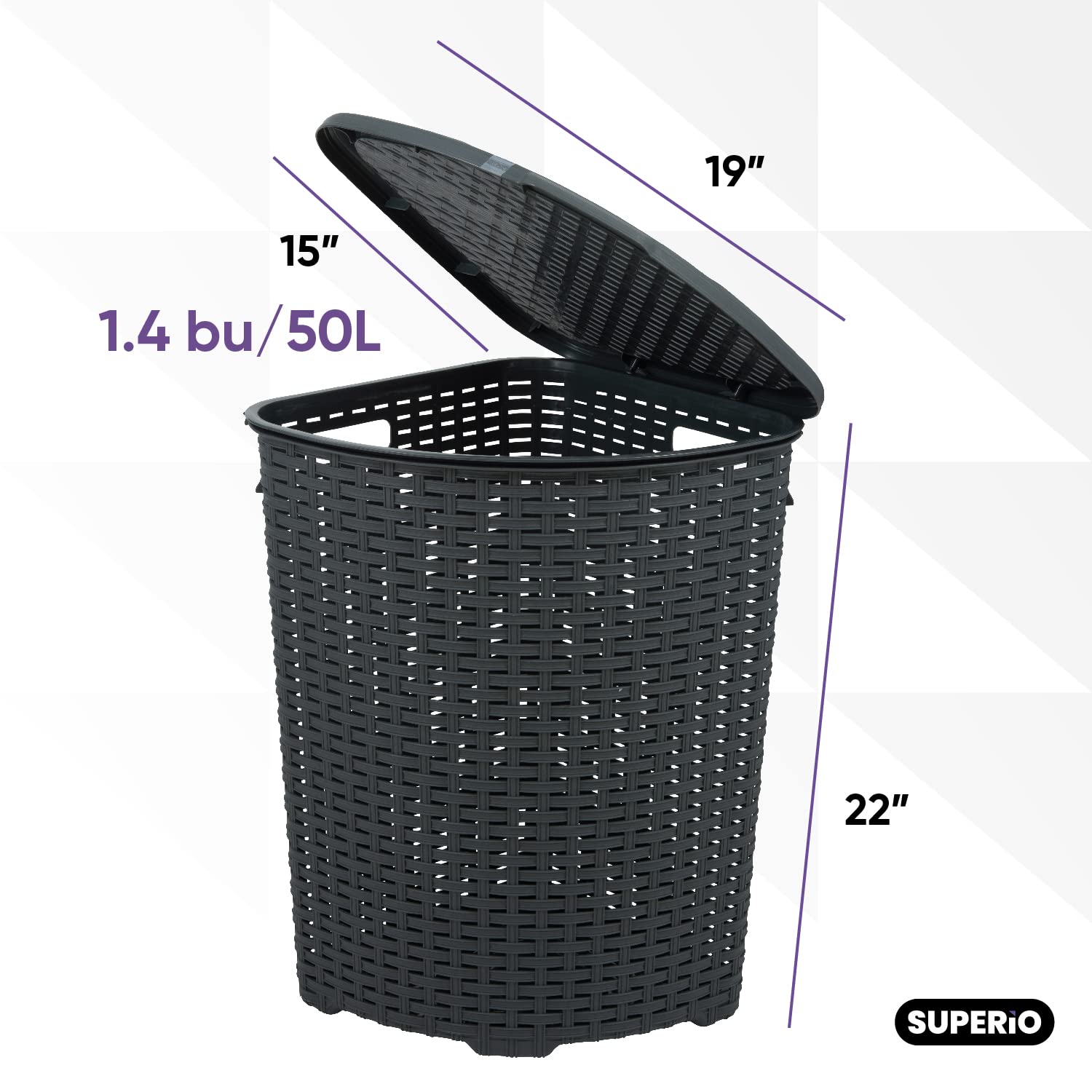 Premium 50L Grey Wicker Laundry Hamper with Lid - Durable & Lightweight Corner Basket with Handles - Curved Design for Bathroom, Closet or Door Storage - Perfect for Organizing Dirty Clothes in Small Spaces