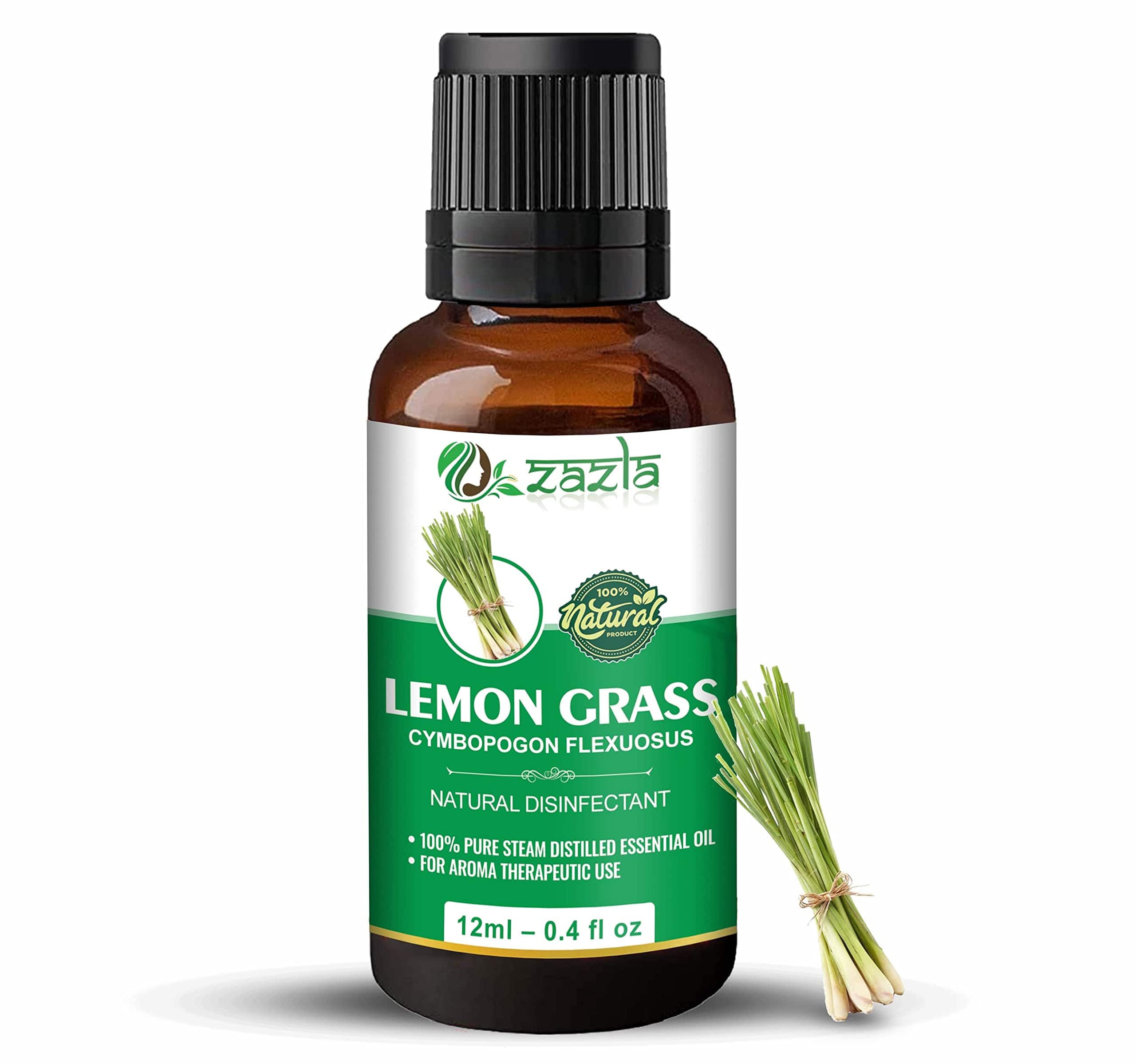 Zazla 100% Pure Lemongrass Essential Oil - Undiluted Therapeutic Grade for Hair Growth, Skin Moisturizing, Aromatherapy & Diffuser Use - 12ml (Pack of 1) | Perfect for Spa, Massage, Relaxation & Home Fragrance