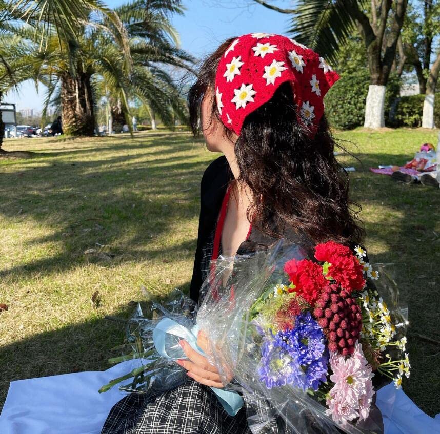 FZBNSRKO Crochet Kerchief Headwrap - Floral Knit Hair Scarf Bandana for Women & Girls, Red - Boho Chic Accessory for Summer, Beach, and Outdoor Activities