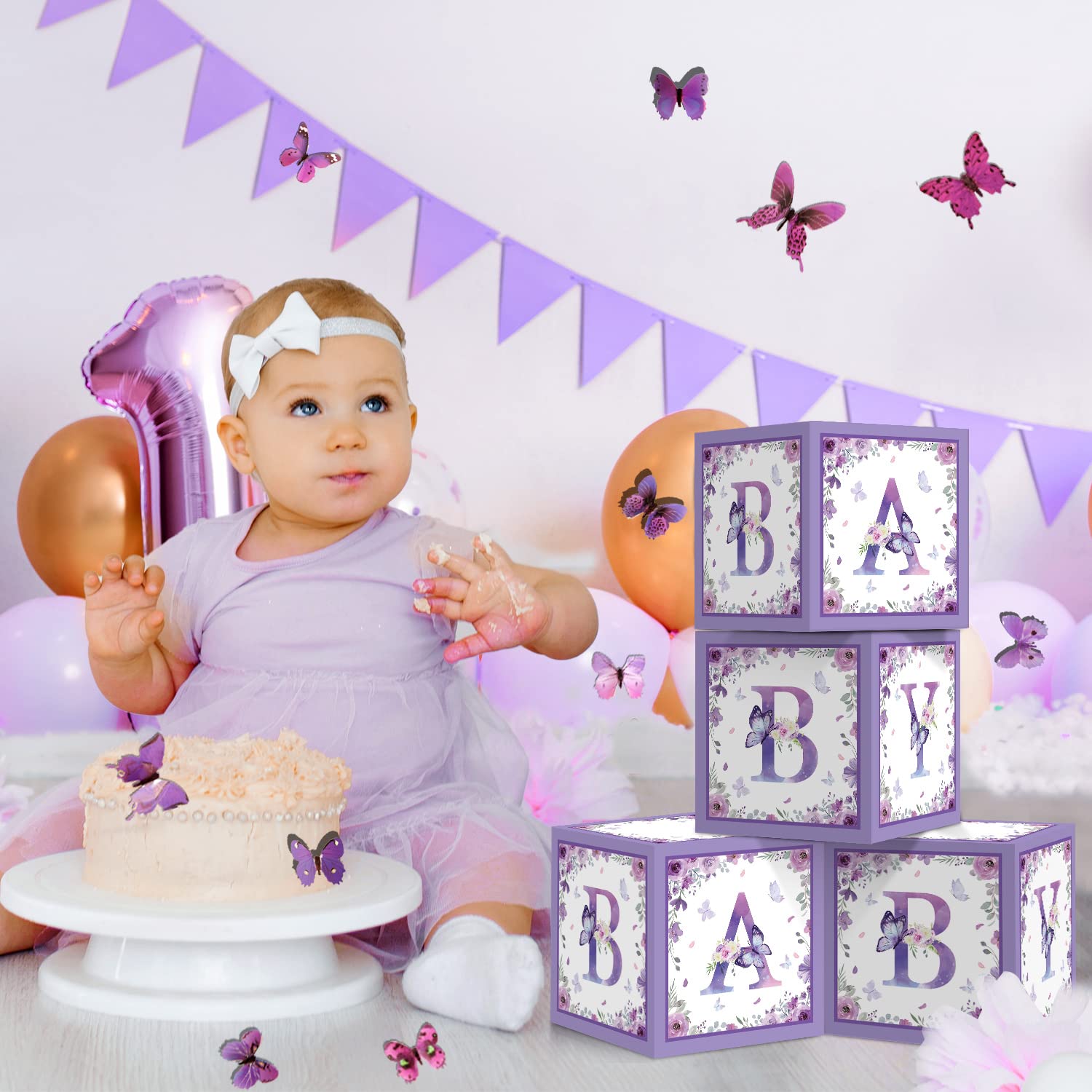 Purple Butterfly Baby Shower Decor Boxes - 4pc Gender Reveal & Birthday Centerpieces for Party Decorating