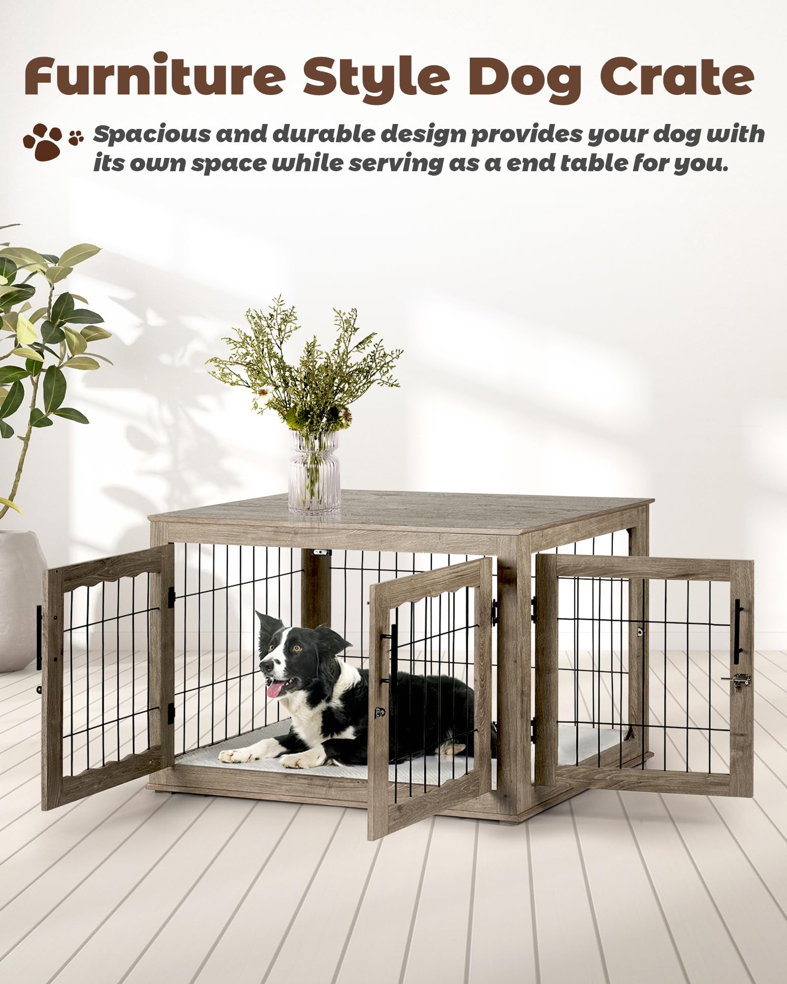 38 Inch Large Wooden Dog Crate Furniture - Heavy Duty Dog Kennel with Removable Bed Pad & 3 Doors - Stylish Greige End Table for Living Room, Bedroom & Office Spaces
