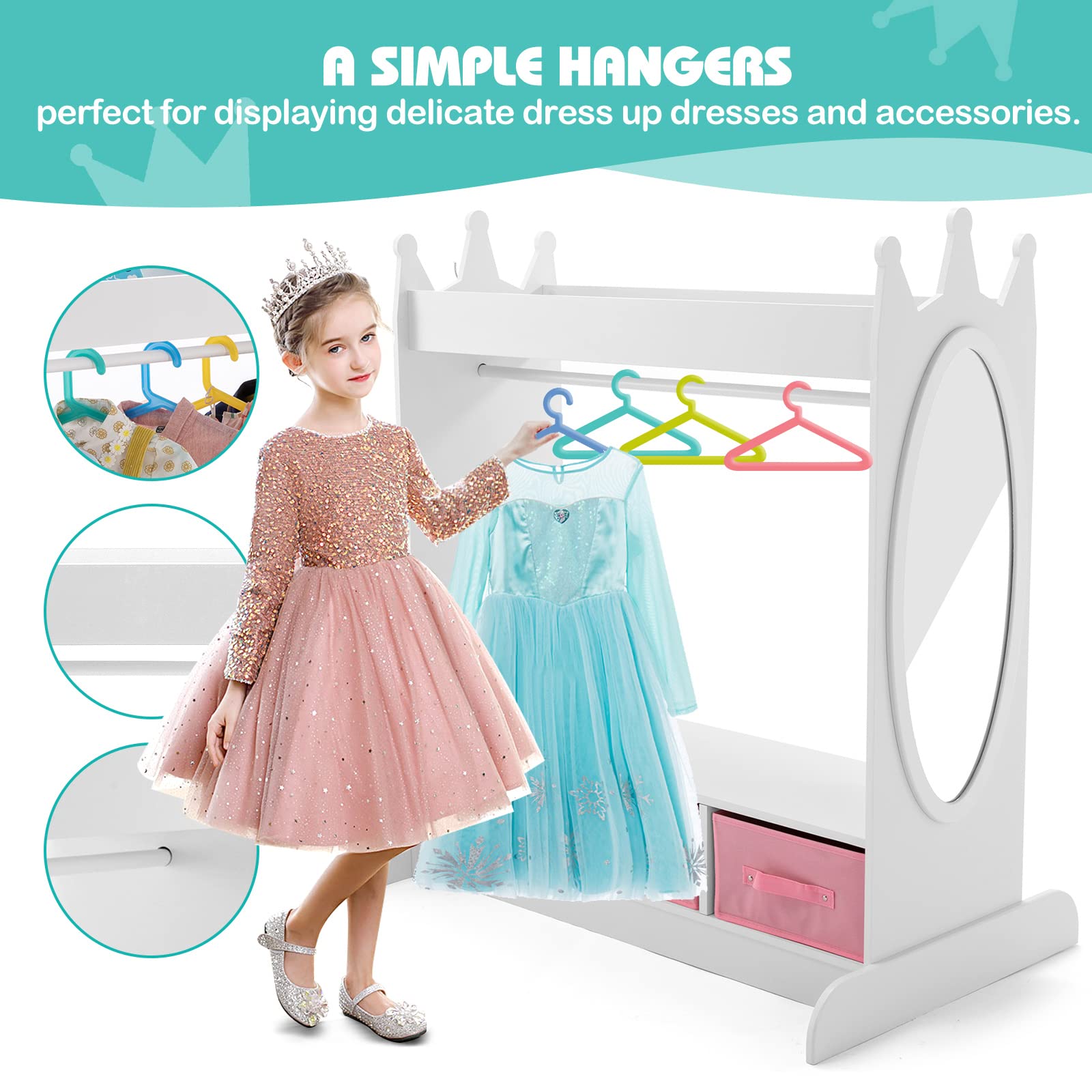 White Kids Armoire Dress-Up Storage with Mirror and Drawers - Costume Wardrobe Closet with Side Pockets & Shoe Shelf for Girls Bedroom - Perfect for Pretend Play, Toy Organization & Kids Room Decor