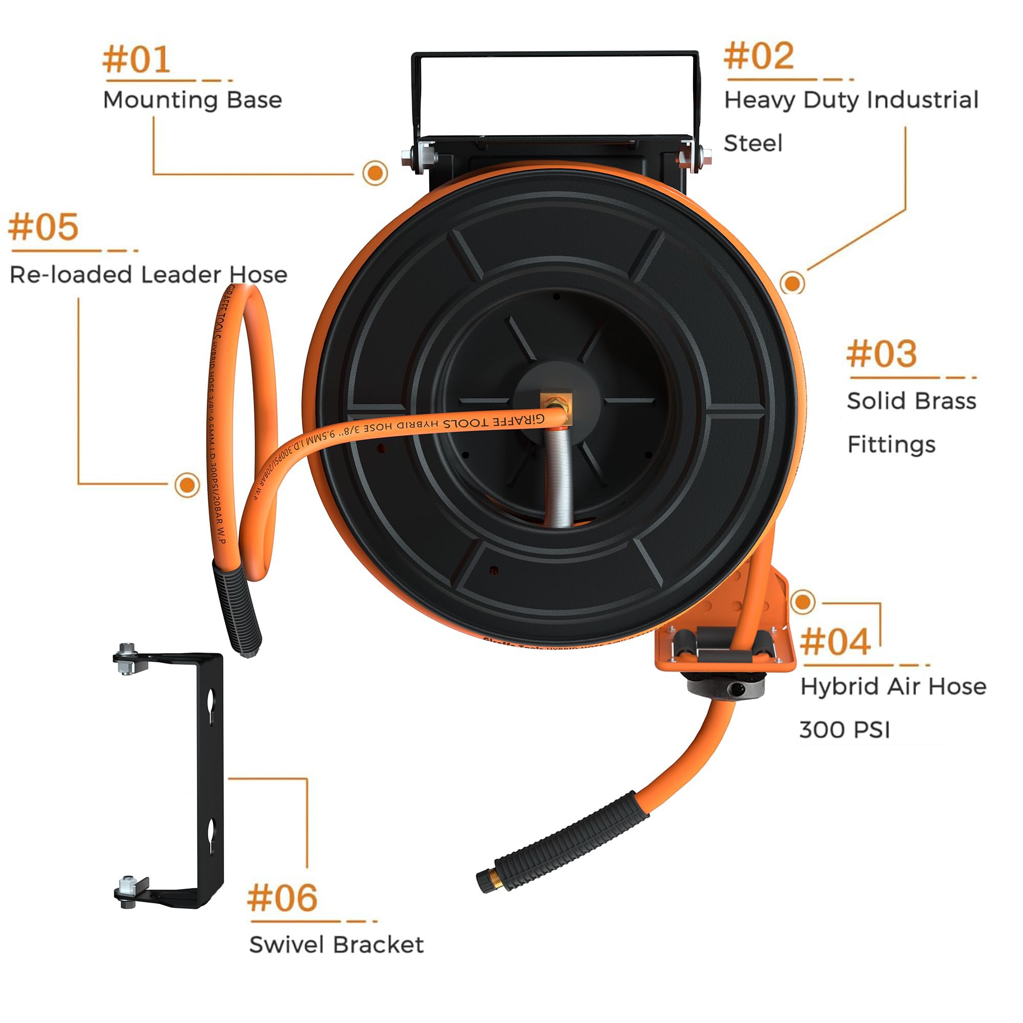 Giraffe Tools TA15BPLUS Retractable Air Hose Reel with Swivel Bracket - 3/8