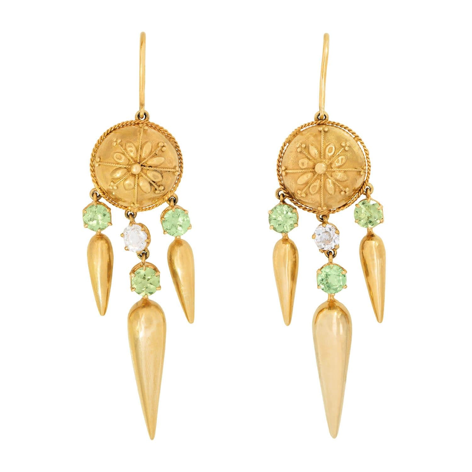 Exquisite Victorian Style 18K Gold Diamond & Demantoid Dangle Earrings - Perfect for Weddings, Galas & Vintage-Inspired Jewelry Collections