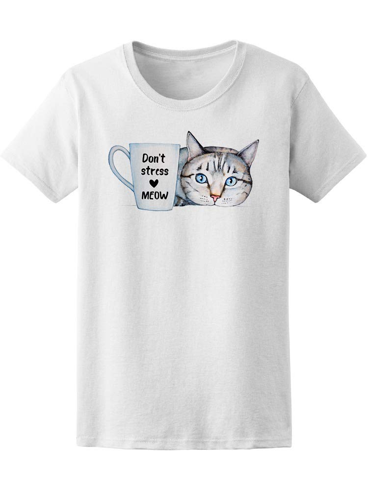 Women's Funny Cat T-Shirt - 'Don't Stress Meow' Watercolor Design - Cute Casual Tee for Cat Lovers, Gifts & Everyday Wear