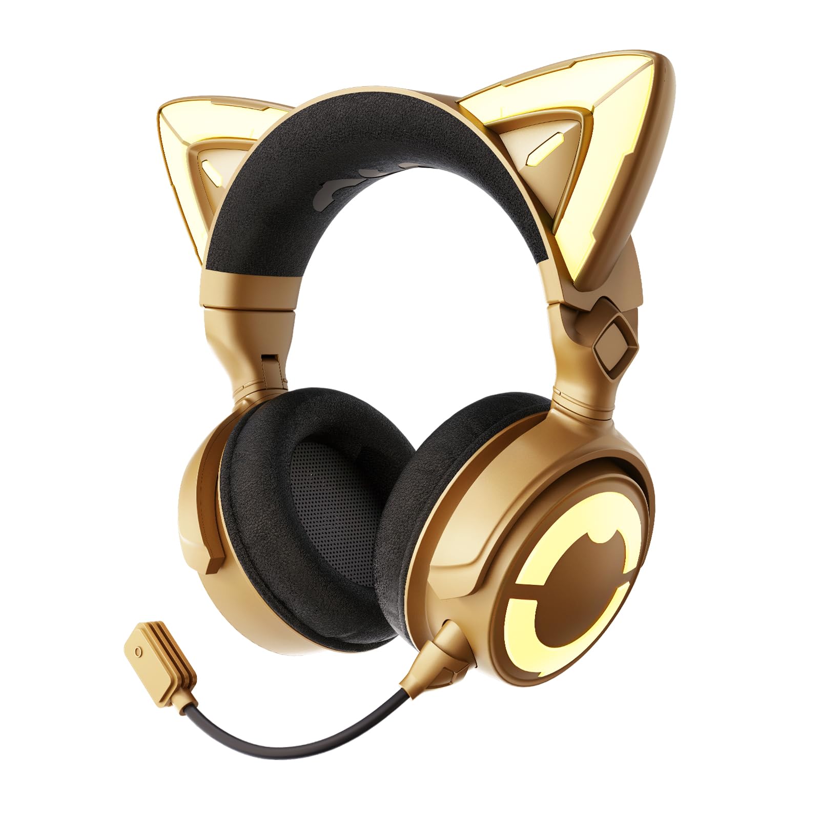 YOWU RGB Wireless & Wired Gaming Headset with Cat Ears - Noise Cancelling Mic for PC, PS4, PS5, XBOX, Switch - Customizable LED Lighting Effects for Gamers (Gold) - Perfect for Streaming, Esports & Late-Night Gaming Sessions