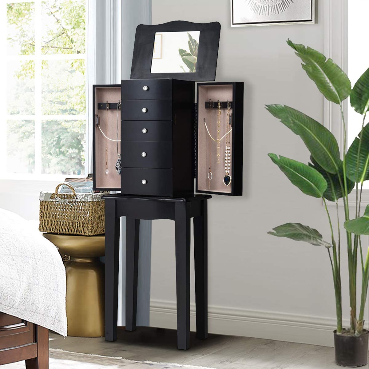 MAT EXPERT Jewelry Armoire with Mirror - 5-Drawer Standing Wooden Jewelry Organizer Cabinet with Flip Makeup Mirror for Rings, Necklaces & Bracelets - Black Jewelry Storage for Bedroom, Closet & Dressing Room