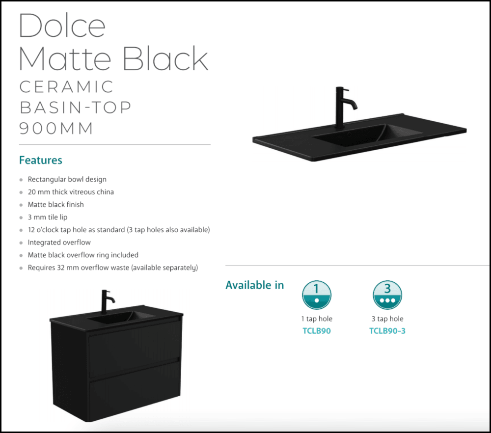 Fienza TCLB90SKL 900mm Dolce Matte Black Scandi Oak Bathroom Vanity with Left Drawers & Kickboard - Modern Sink Cabinet for Small Bathrooms & Powder Rooms
