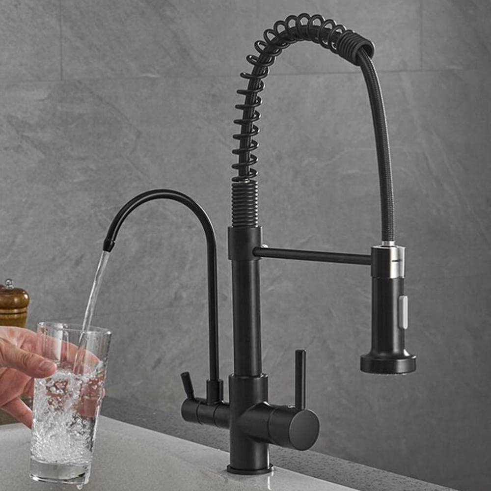 3-in-1 Pull Down Kitchen Faucet with Sprayer - Brass Black Finish, Hot & Cold Water Mixer with Pure Water Filtration System - Perfect for Modern Kitchens, Cooking, Washing Dishes and Food Prep