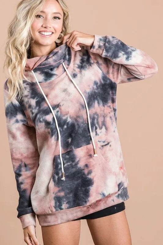 BiBi Brushed Tie Dye Overlapped Turtle Neck Sweatshirt - Women's Casual Long Sleeve Pullover for Fall & Winter, Perfect for Daily Wear, Outings and Layering