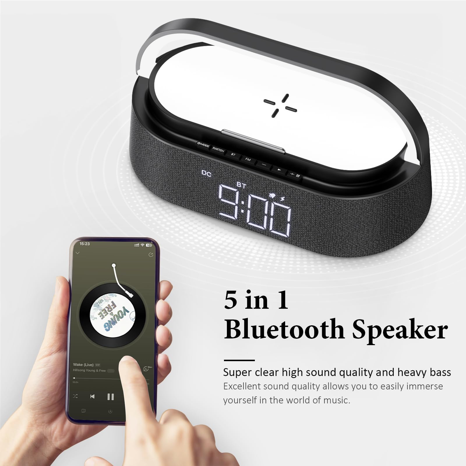 FREEFISH Bluetooth Speaker with Wireless Charger - 15W Fast Charging, FM Radio, Adjustable LED Night Light, Dual Wireless Pairing, Bluetooth 5.0 - Perfect for Home, Office, Travel & Outdoor Adventures