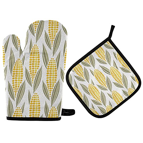 Heat Resistant Autumn Corn Cob Oven Mitts & Pot Holder Set - Fall Harvest Kitchen Decor for Baking, Grilling, BBQ - Eco-Friendly Recycled Cotton Stove Gloves for Thanksgiving & Holiday Cooking