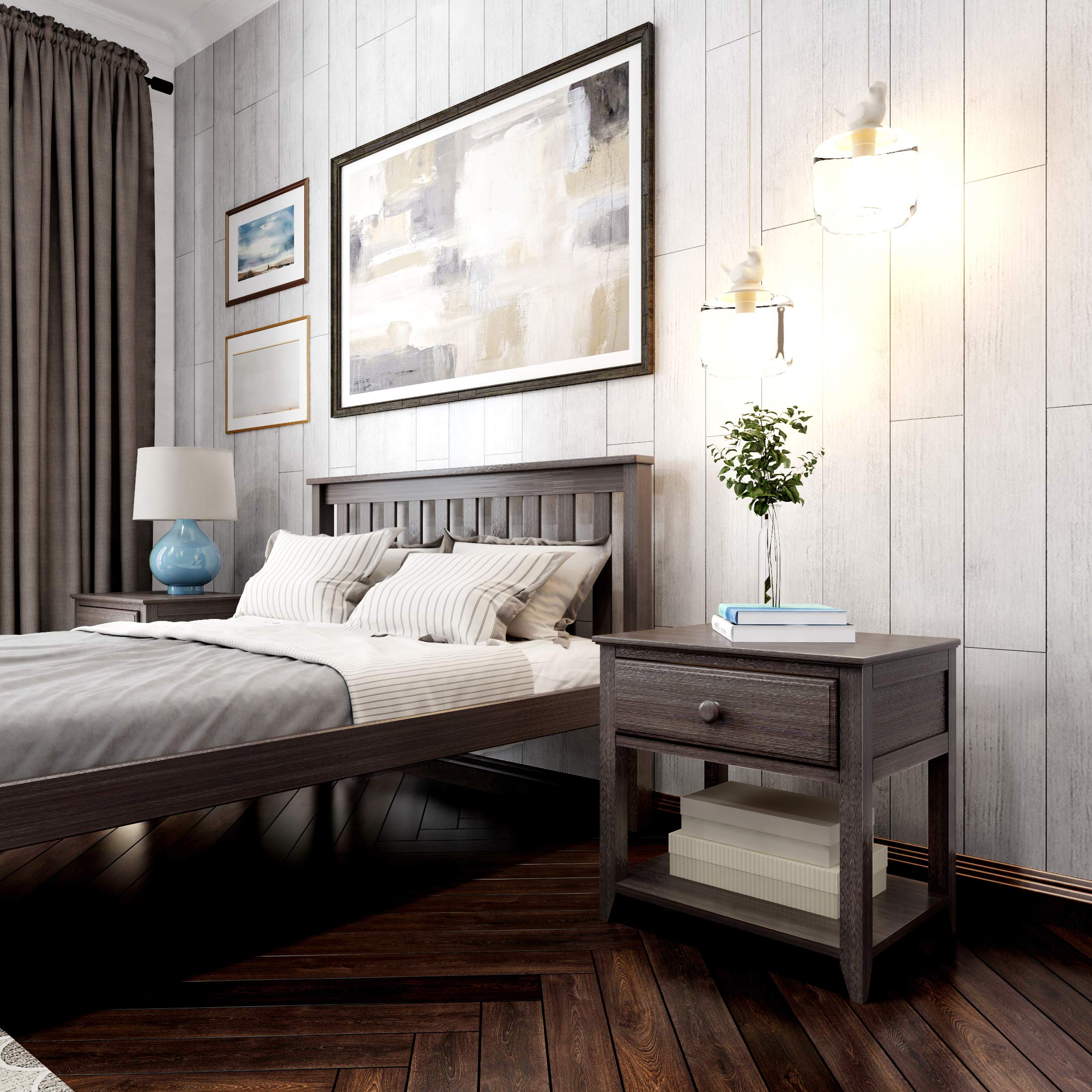 Plank+Beam Nightstand with Drawer and Shelf - Modern Clay Finish Bedside Table for Bedroom, Living Room & Guest Room - Compact Storage End Table with Open Shelf & Spacious Drawer