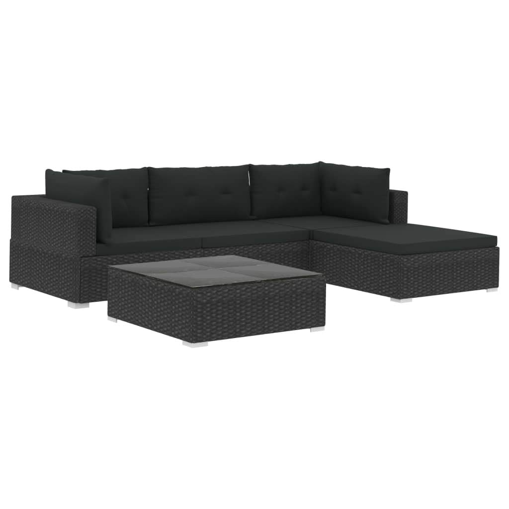 5-Piece Black Poly Rattan Patio Furniture Set with Cushions - Outdoor Sectional Sofa & Coffee Table for Garden, Backyard, Poolside or Deck Relaxation