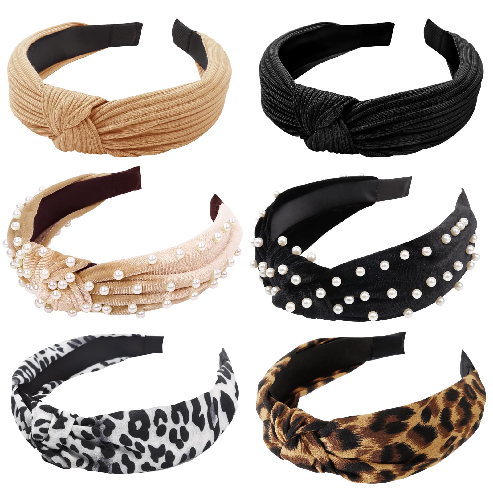 6 Pack Women's Pearl Leopard Print Knotted Elastic Headbands - Fashion Hair Accessories for Girls & Women - Perfect for Workouts, Yoga, Office & Everyday Wear