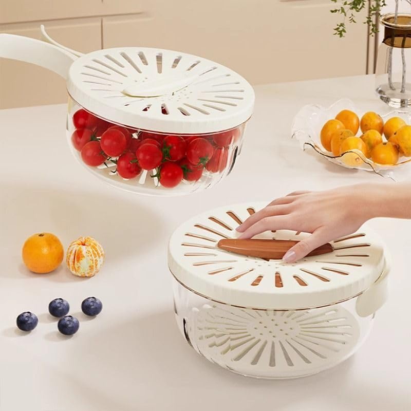 Multifunctional Fruit and Vegetable Washing Bowl with Lid - Foldable Handle Colander & Strainer for Kitchen | Food Prep, Salad Draining, Berry Washing | White (1-Pack)