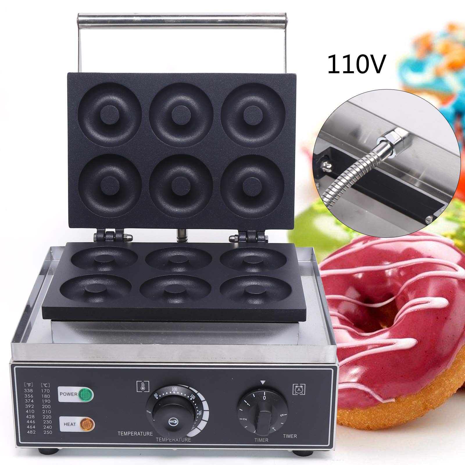 DYRABREST 110V Commercial Donut Maker Machine - 6 Holes Double-Sided Non-Stick Electric Doughnut Maker with 1550W - Perfect for Home Kitchen, Restaurants, Cafes & Shops - Make Cute Donuts, Mini Waffles & Breakfast Pastries