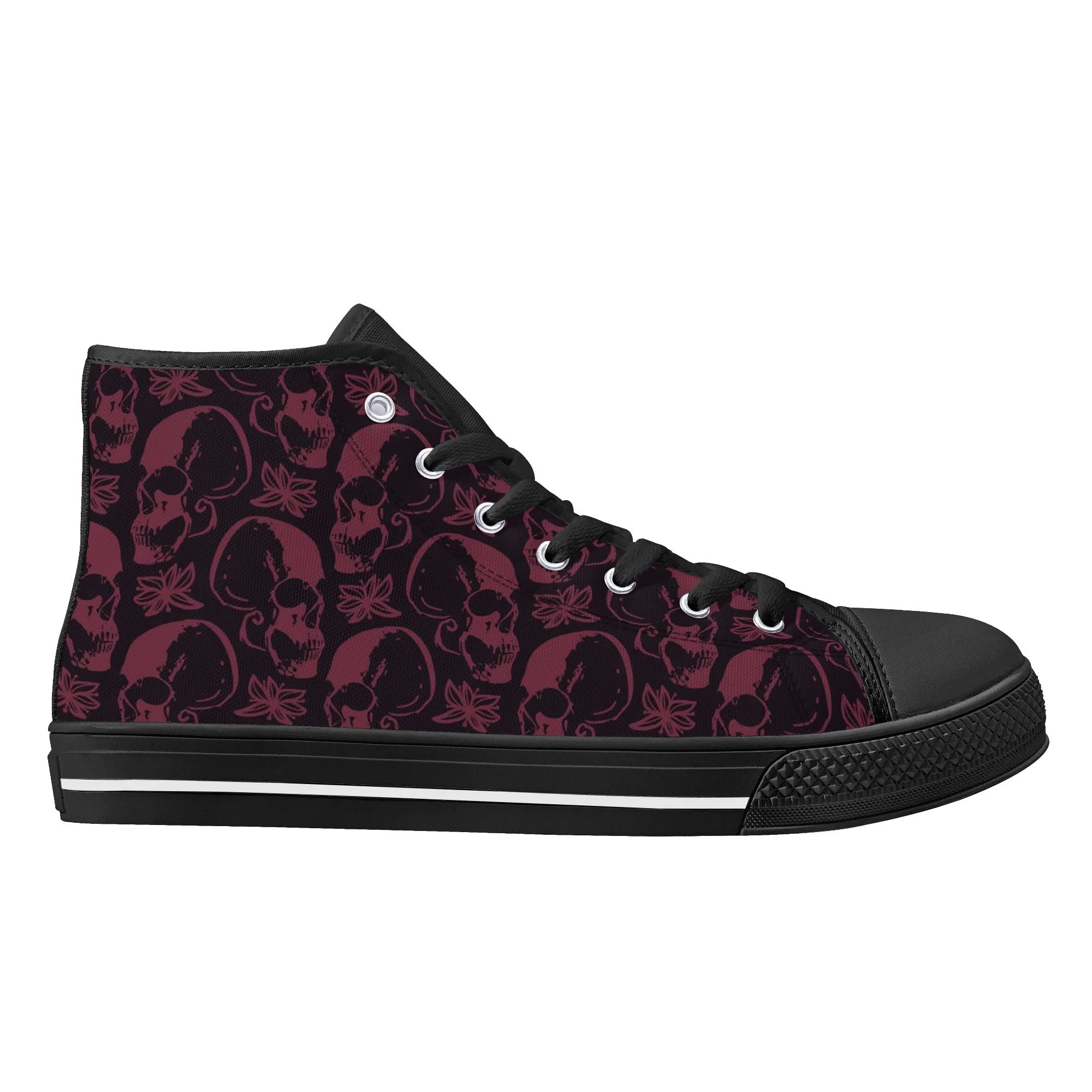 Purple Skulls and Flowers High Top Canvas Sneakers - Trendy Unisex Rubber Sole Shoes for Casual Wear, Street Fashion, and Skateboarding
