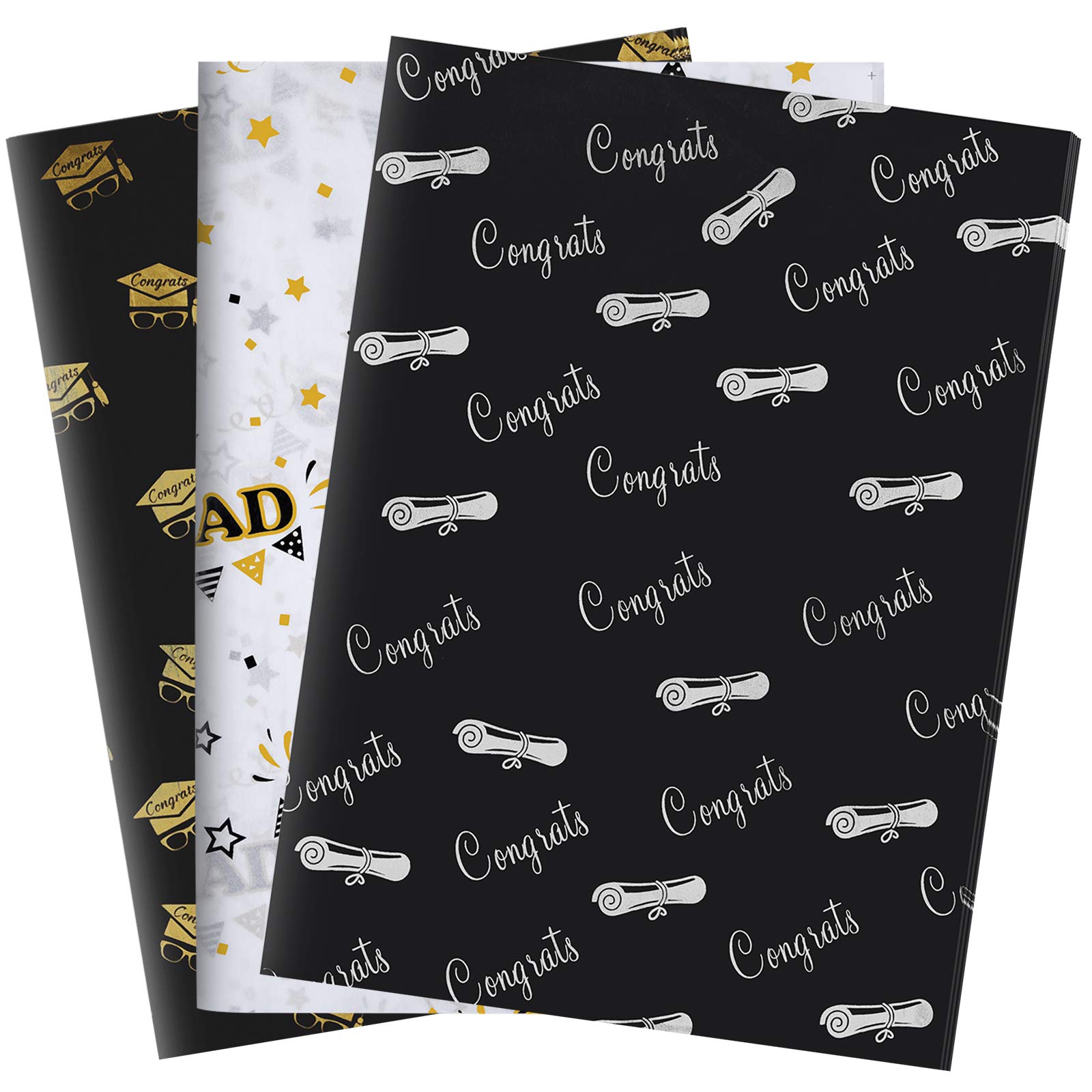 PLULON 60 Sheets Graduation Gift Wrapping Paper - Graduation Cap & Diploma Tissue Paper for DIY Crafts, Wine Bottles, Party Decor (3 Styles) | Perfect for Graduation Party Favors, School Projects & Gift Wrapping