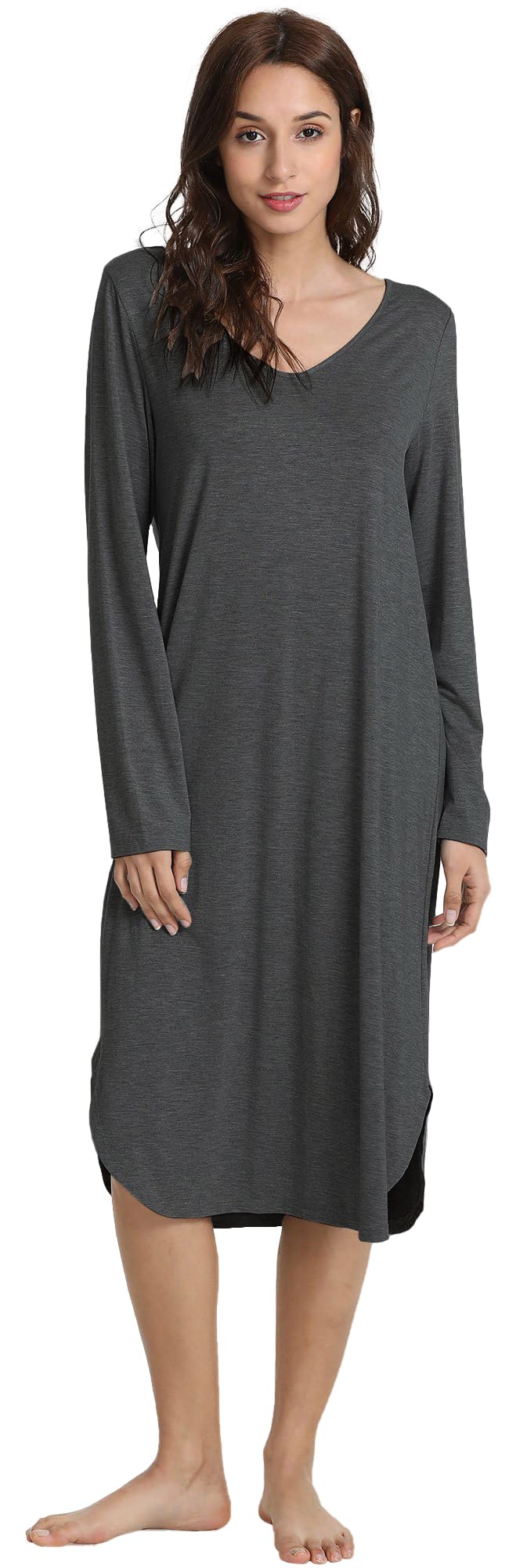 Soft Bamboo Nightgowns for Women - Long Sleeve V-Neck Sleepwear | Comfortable Loungewear & Sleepwear for Relaxing at Home