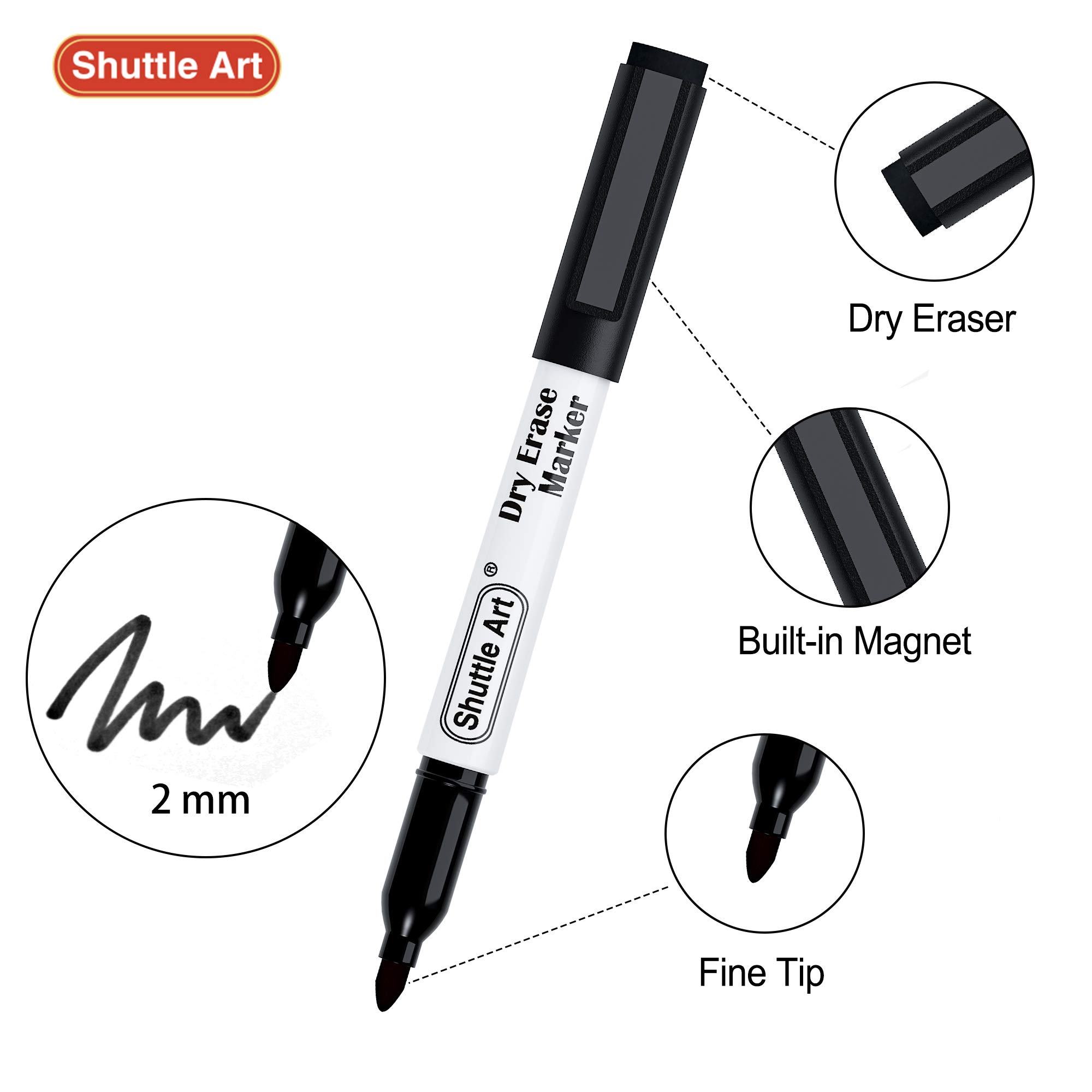 Shuttle Art 25 Pack Black Magnetic Dry Erase Markers with Eraser - Fine Point Whiteboard Markers for School, Office & Home - Perfect for Writing on Whiteboards, Mirrors, Glass & Magnetic Surfaces