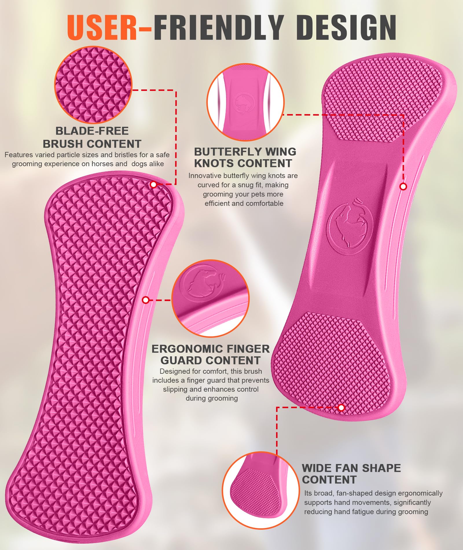 Horse Grooming Brush - Gentle Shedding Tool for Horses, Blade-Free Pet Grooming Supplies, Soft Bristles for Coat Care (Pink) - Perfect for Daily Horse Brushing, Show Prep & Stable Grooming Kits
