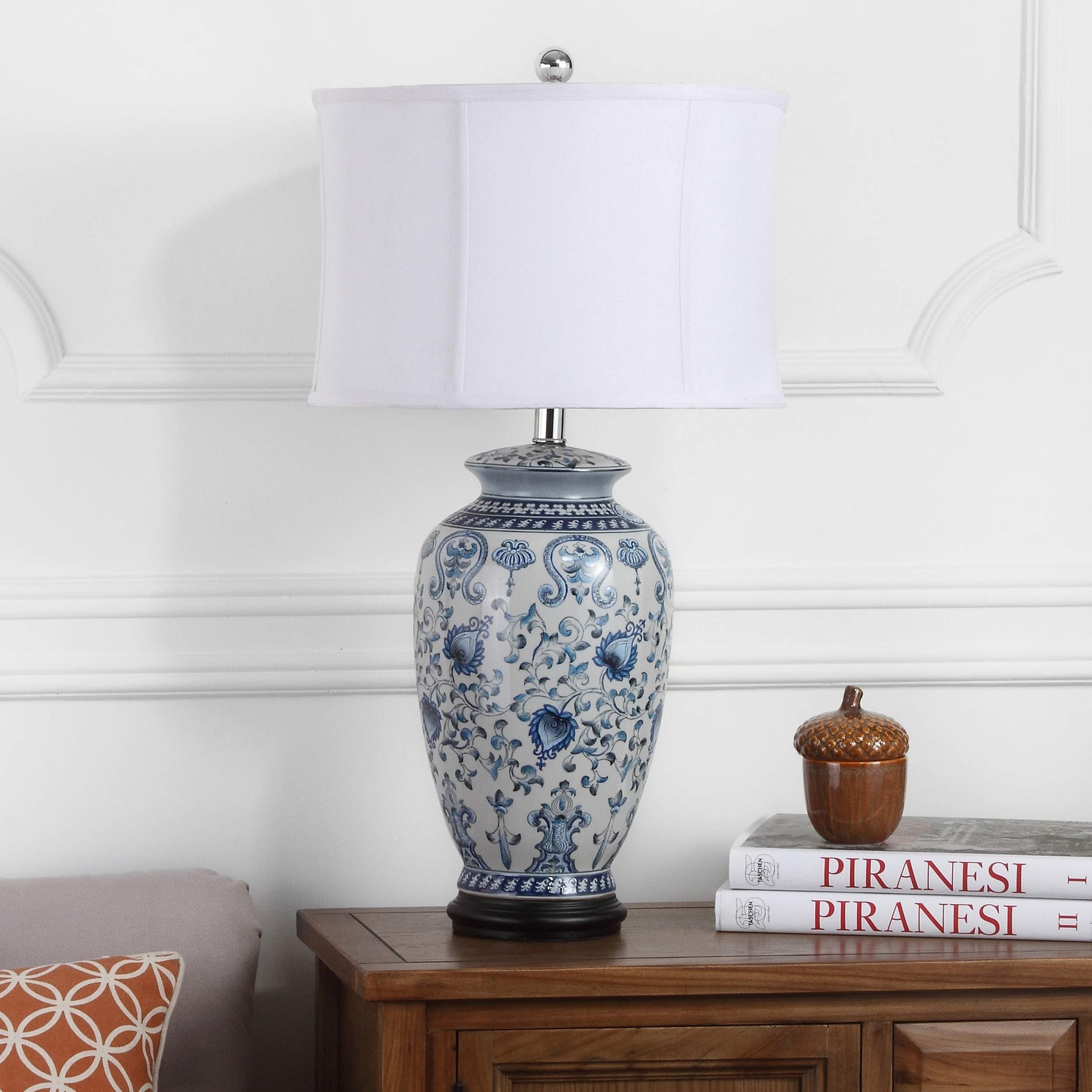 27-inch White & Blue Jar Table Lamp with Nickel Bulbs - Traditional Transitional Lighting for Living Room, Bedroom & Office Decor
