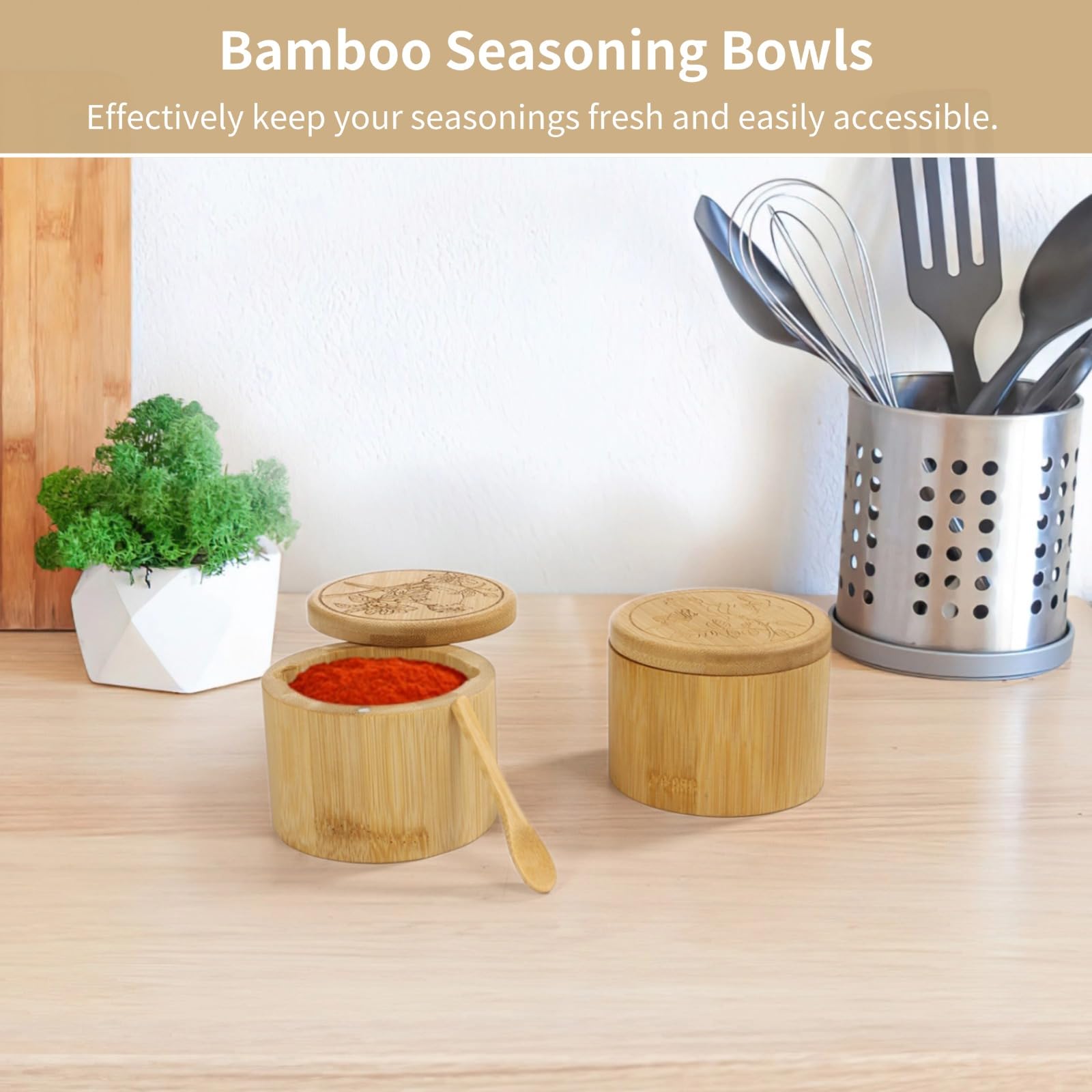 Homaisson 2-Piece Bamboo Salt and Pepper Bowls Set with Swivel Lids & Spoons - 6oz Round Seasoning Storage Containers for Salt, Pepper, Sugar & Spices - Perfect for Kitchen, Dining Table & Cooking