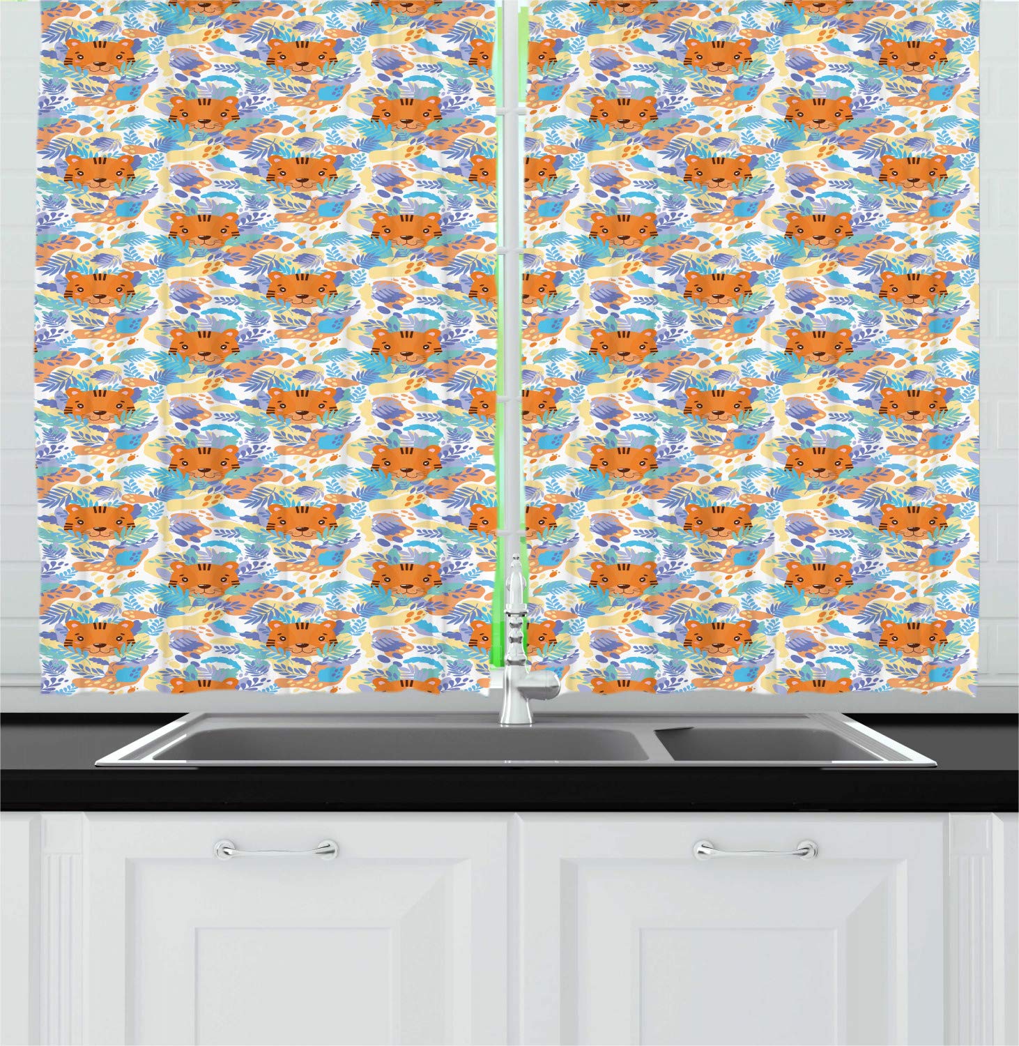 Ambesonne Cartoon Kitchen Curtains with Tigers & Leafy Branches - 2 Panel Set for Window Decor, 55