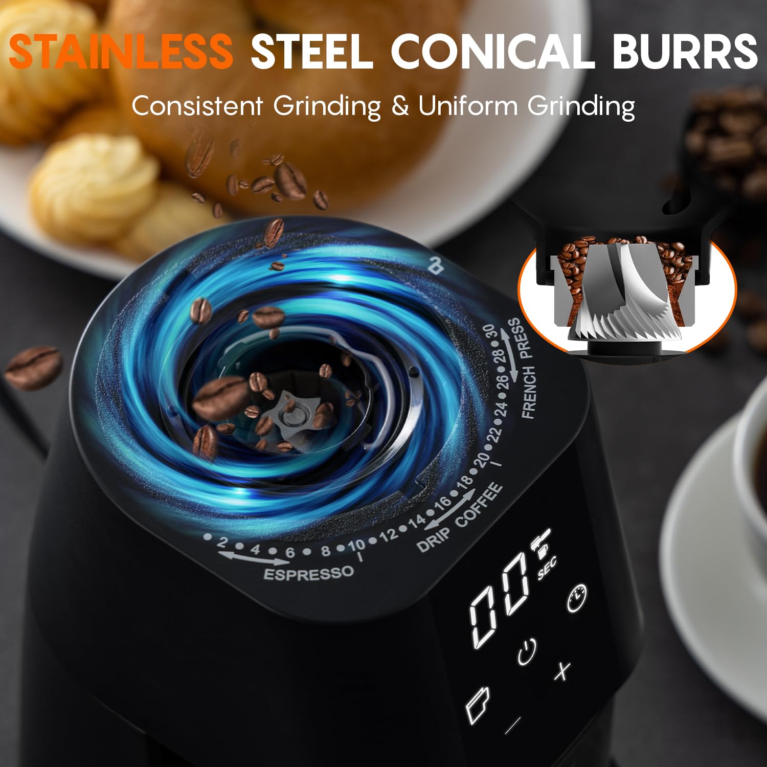 Ollygrin Electric Conical Burr Coffee Grinder - 30 Precise Grind Settings with Digital Timer for Espresso, Drip & French Press (2-12 Cups) | Perfect for Home Baristas & Coffee Enthusiasts